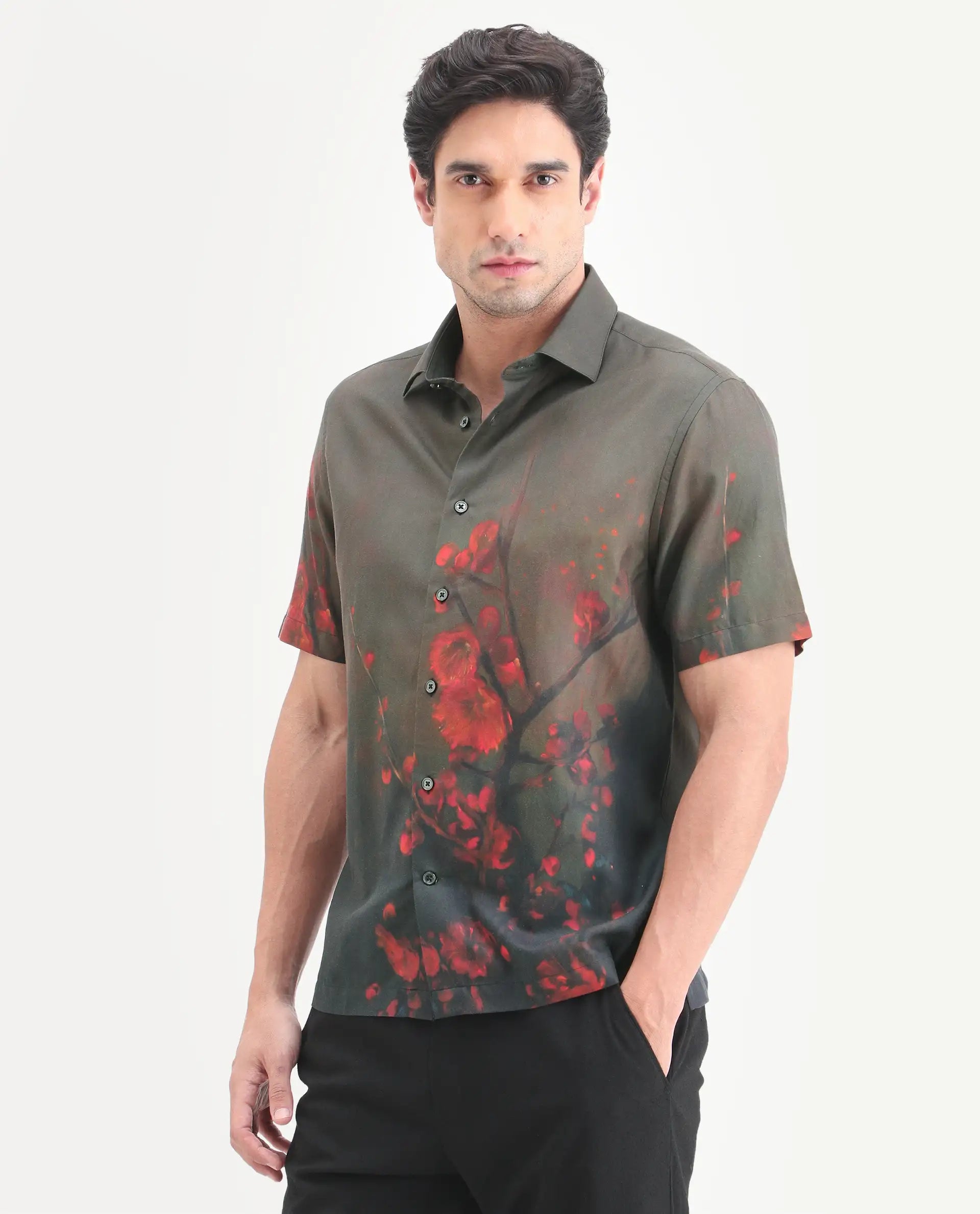 Rare Rabbit Men's Dufy Dusky Olive Cotton Blend Fabric Half Sleeve Spread Collar Regular Fit Floral Print Shirt