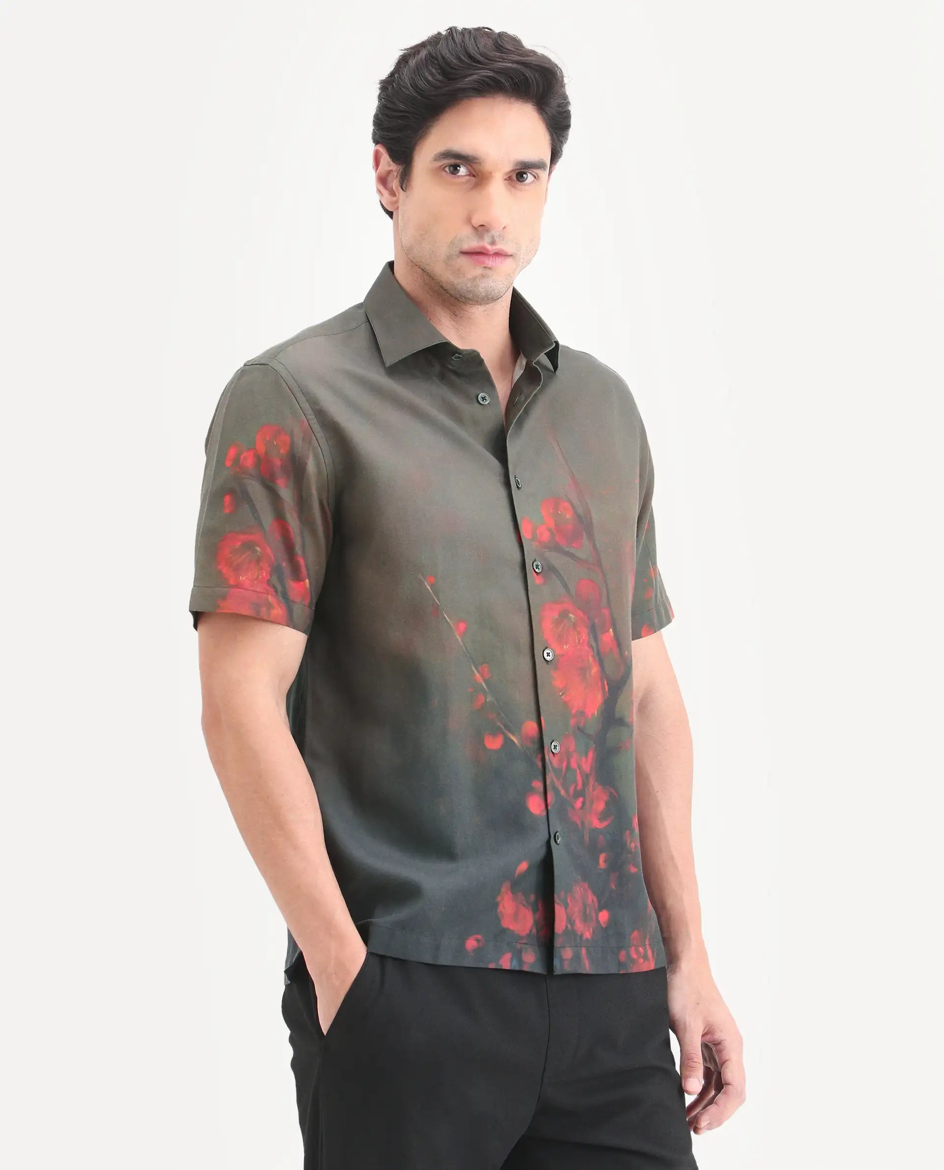 Rare Rabbit Men's Dufy Dusky Olive Cotton Blend Fabric Half Sleeve Spread Collar Regular Fit Floral Print Shirt