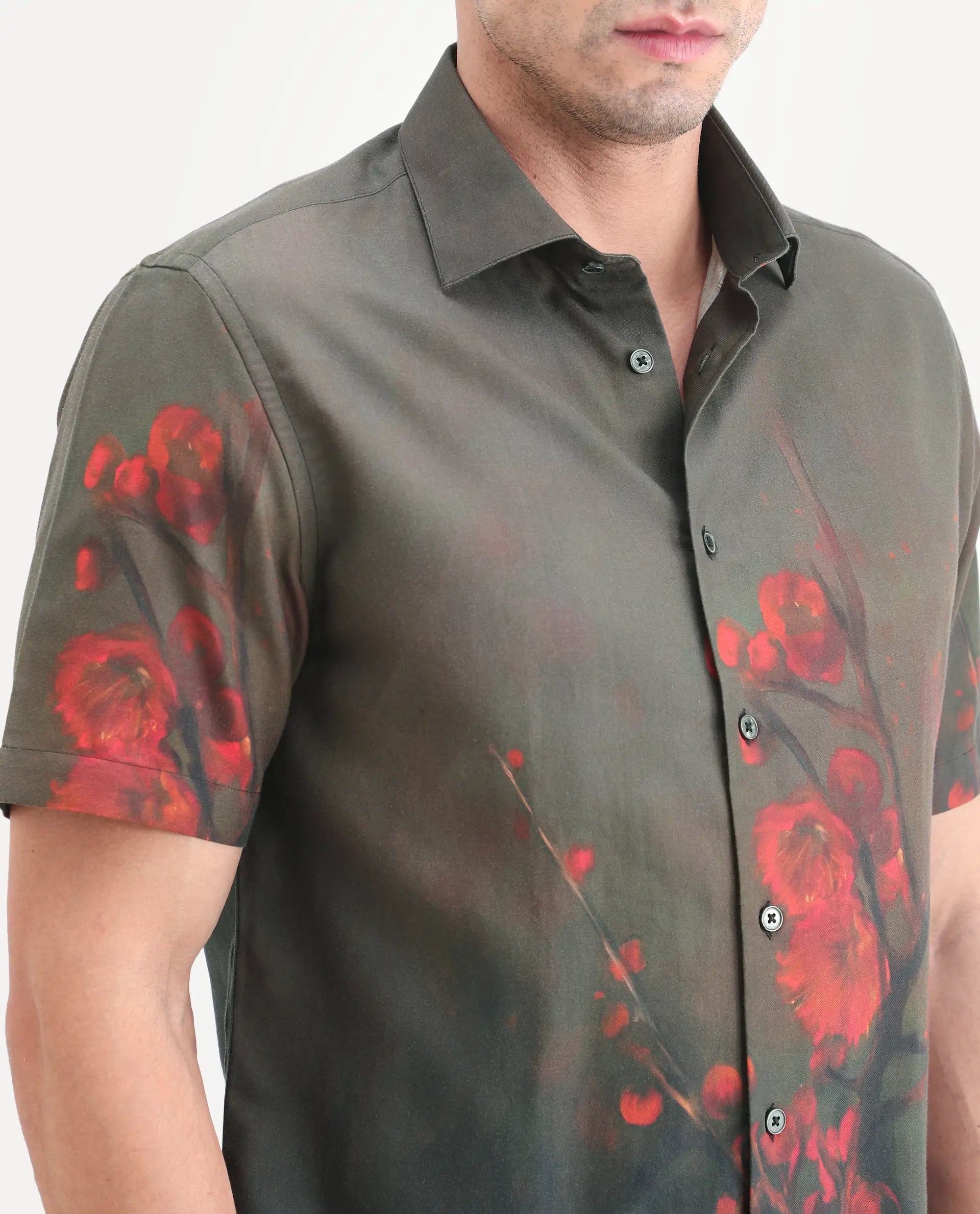 Rare Rabbit Men's Dufy Dusky Olive Cotton Blend Fabric Half Sleeve Spread Collar Regular Fit Floral Print Shirt