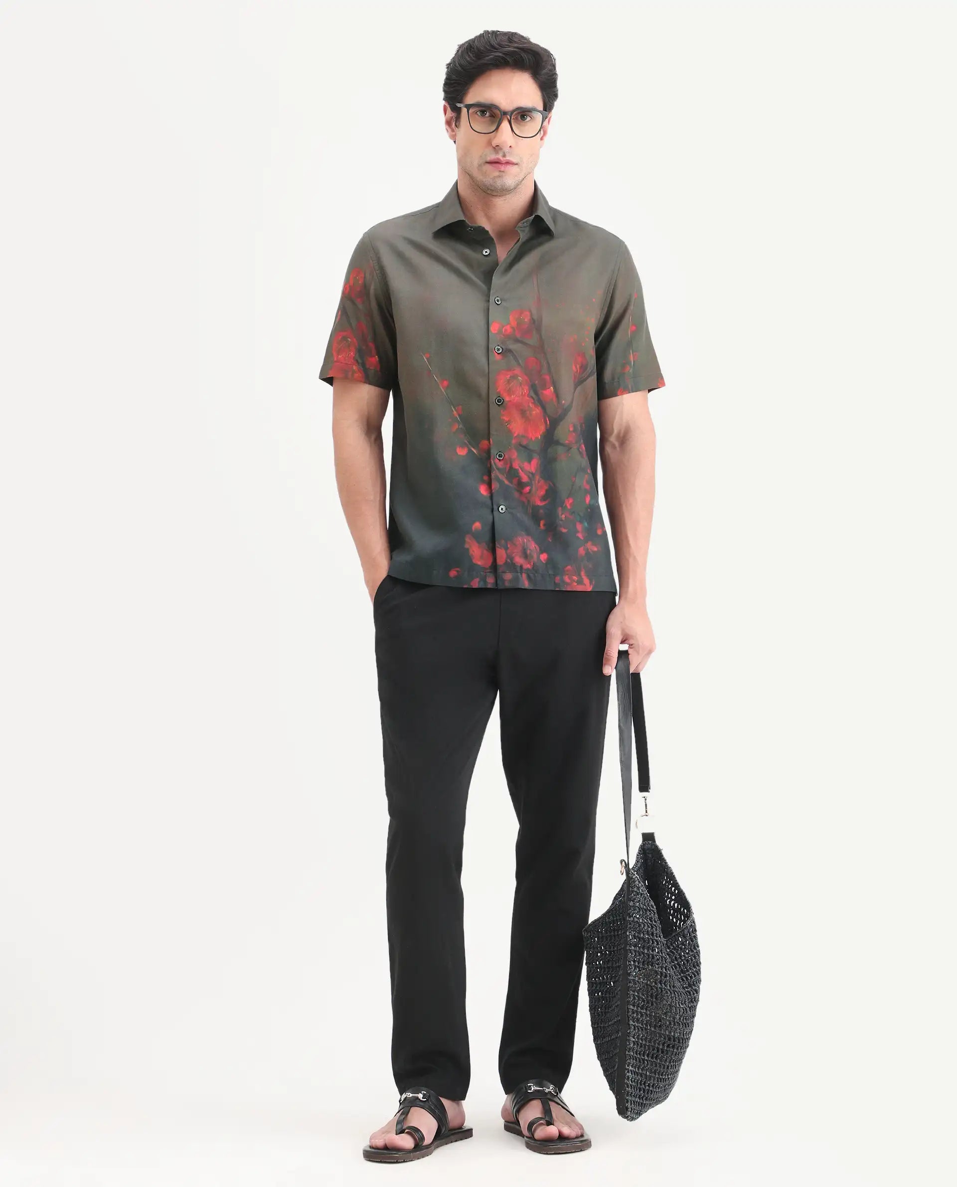 Rare Rabbit Men's Dufy Dusky Olive Cotton Blend Fabric Half Sleeve Spread Collar Regular Fit Floral Print Shirt
