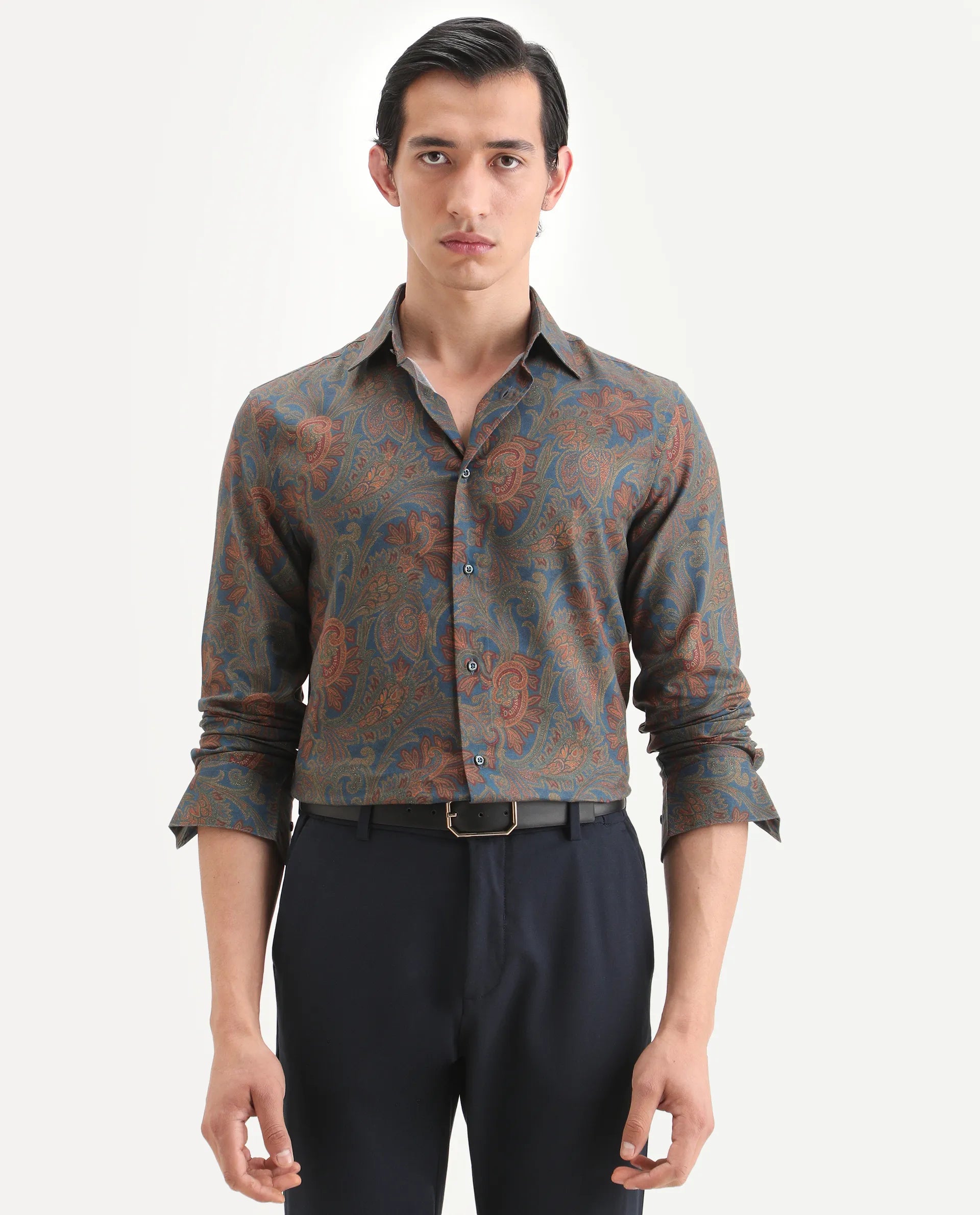 Rare Rabbit Men's Exor Dusky Blue Cotton Blend Fabric Full Sleeve Spread Collar Regular Fit Paisley Print Shirt
