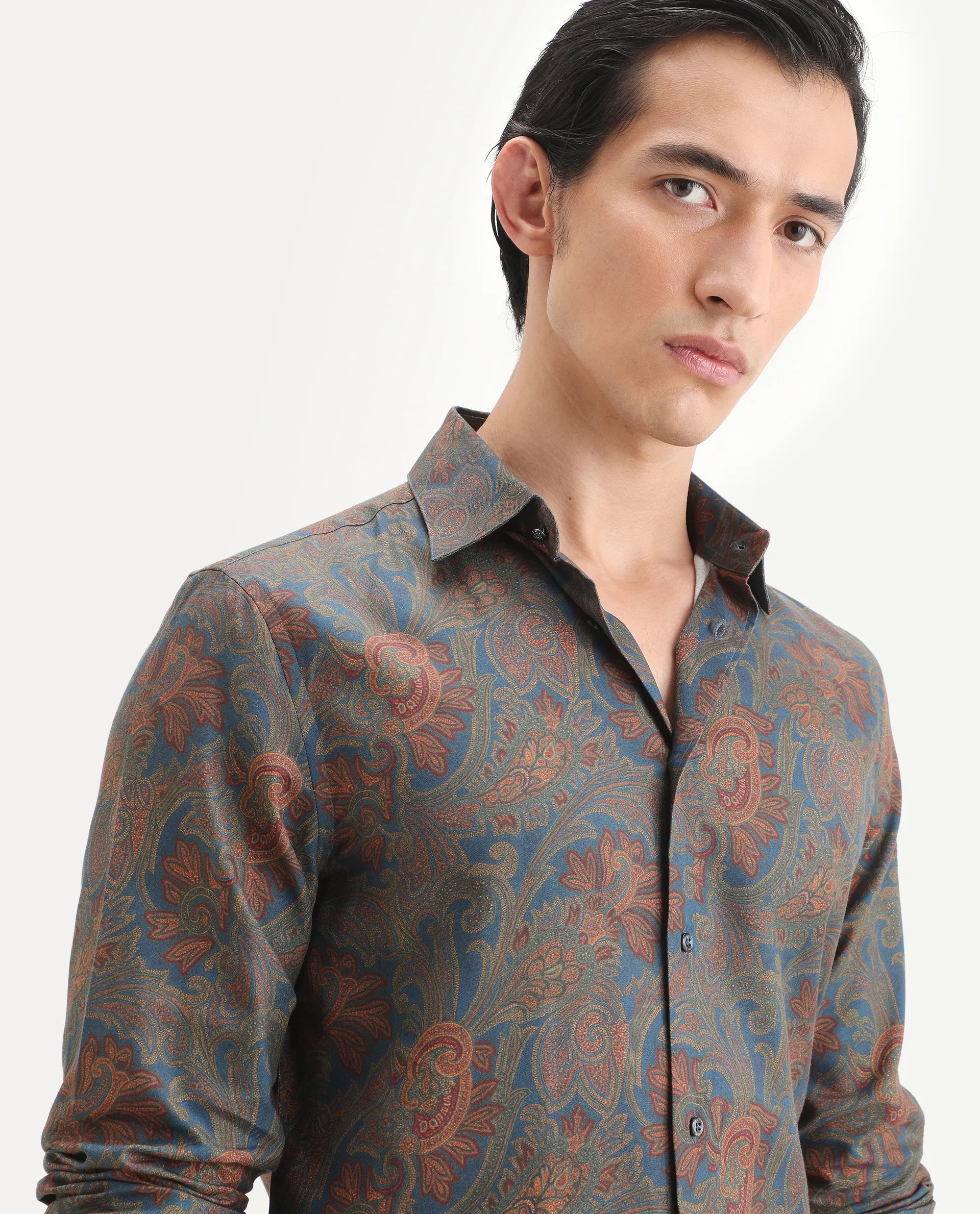 Rare Rabbit Men's Exor Dusky Blue Cotton Blend Fabric Full Sleeve Spread Collar Regular Fit Paisley Print Shirt