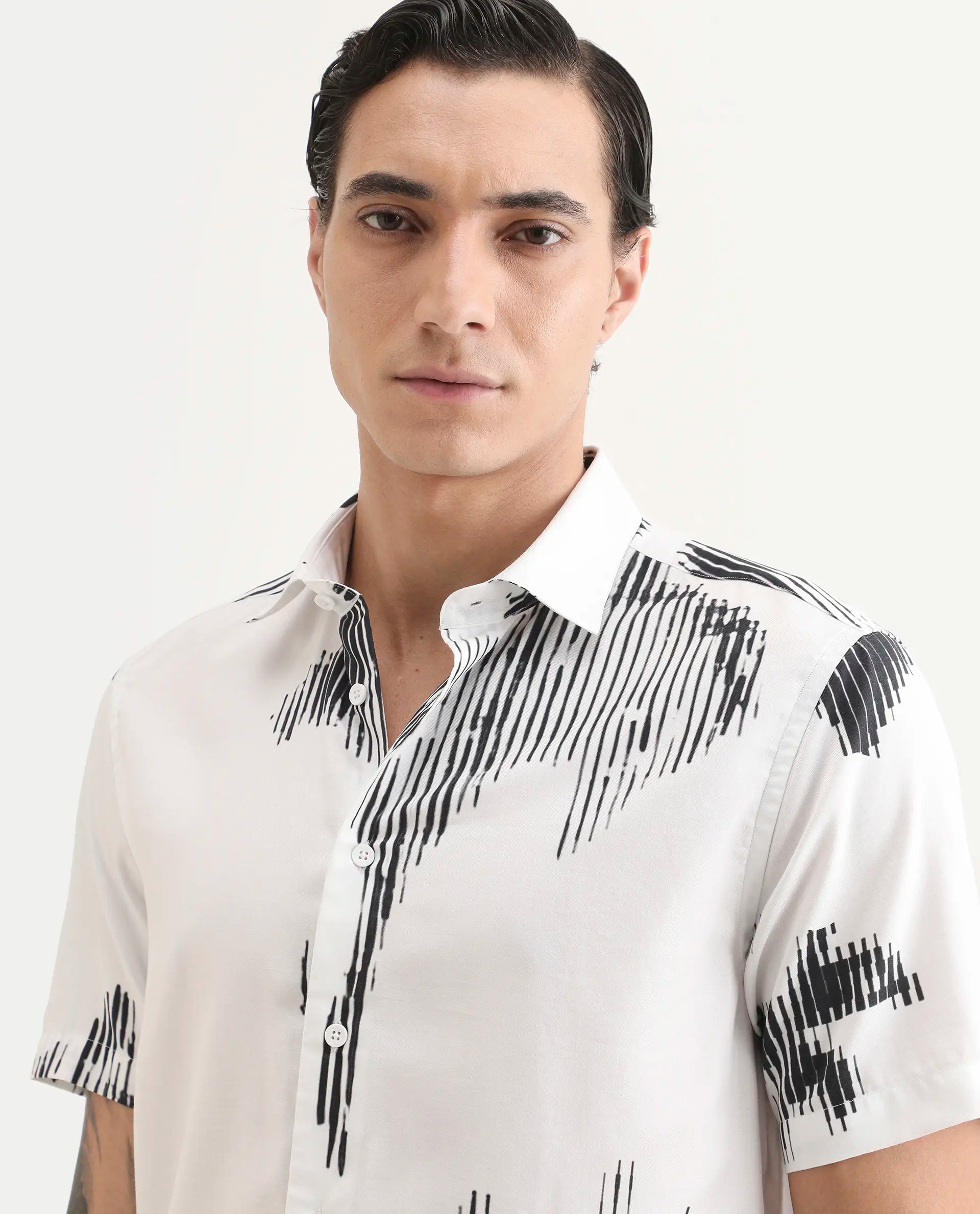 Rare Rabbit Men's Glos White Cotton Blend Fabric Half Sleeve Spread Collar Regular Fit Abstract Print Shirt