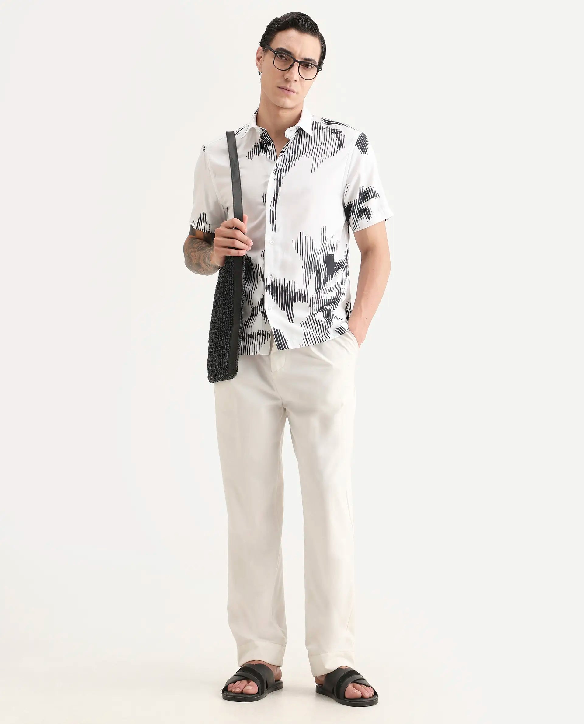 Rare Rabbit Men's Glos White Cotton Blend Fabric Half Sleeve Spread Collar Regular Fit Abstract Print Shirt