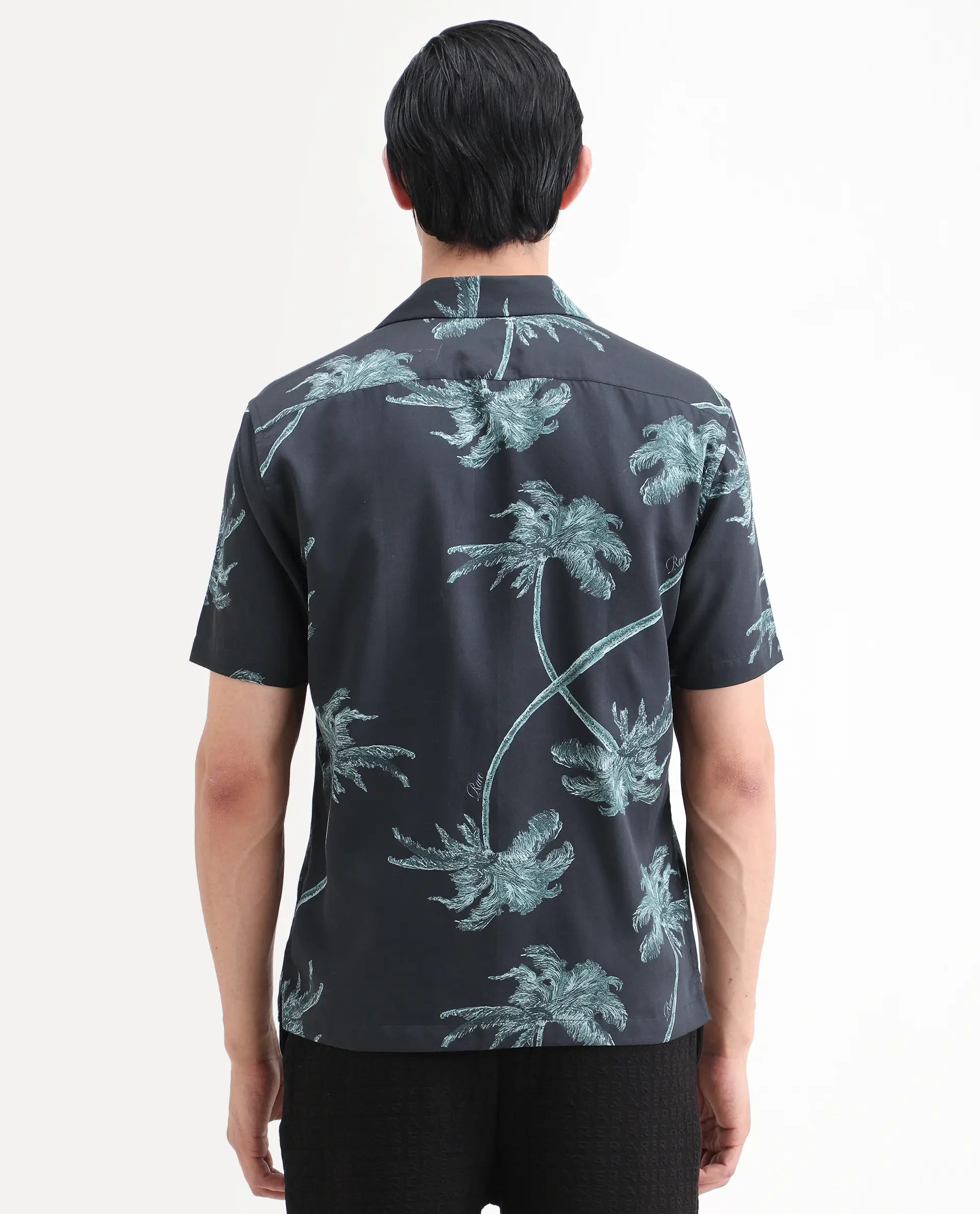 Rare Rabbit Men's Greko Black Cotton Blend Fabric Half Sleeve Cuban Collar Regular Fit Tropical Print Shirt