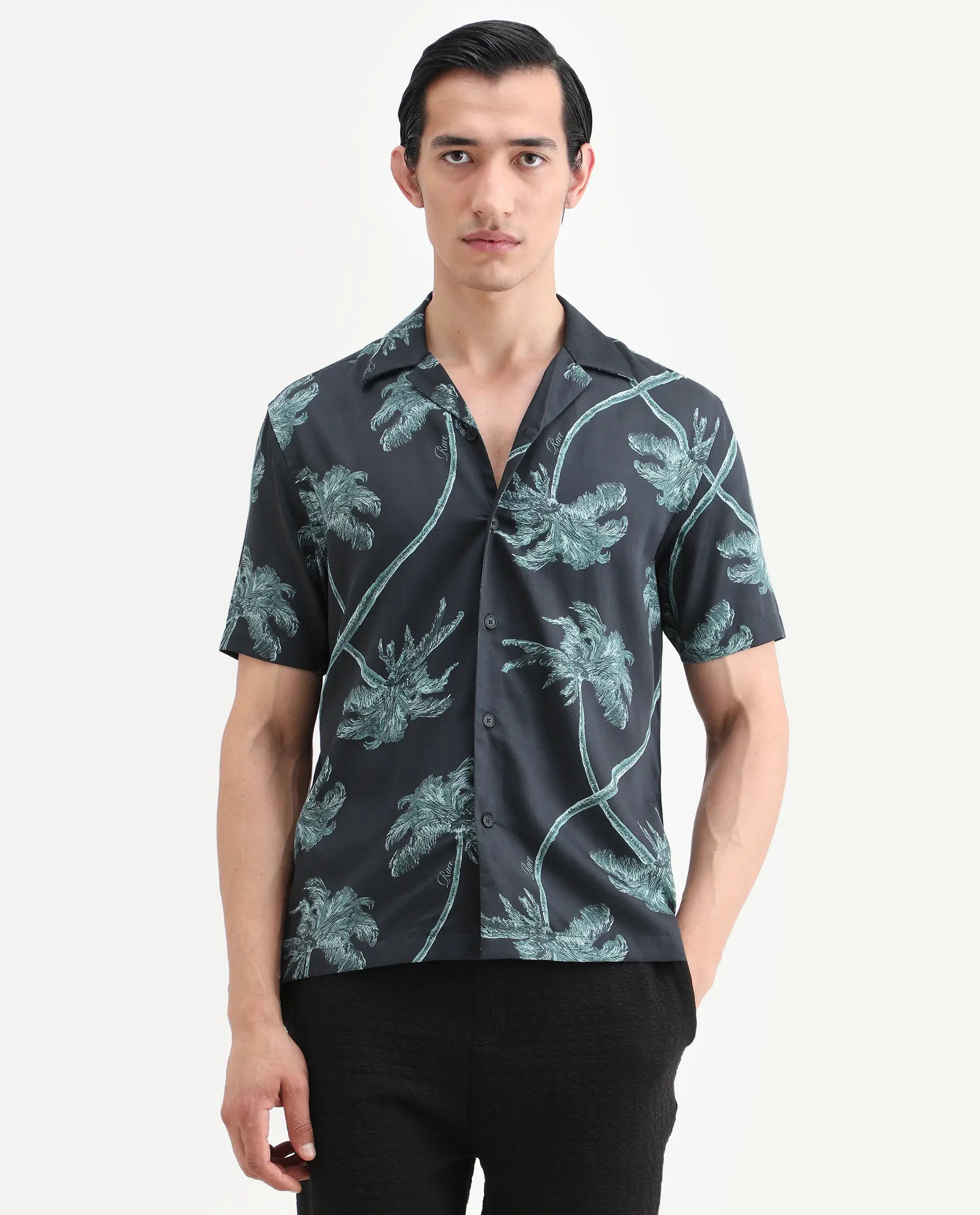 Rare Rabbit Men's Greko Black Cotton Blend Fabric Half Sleeve Cuban Collar Regular Fit Tropical Print Shirt