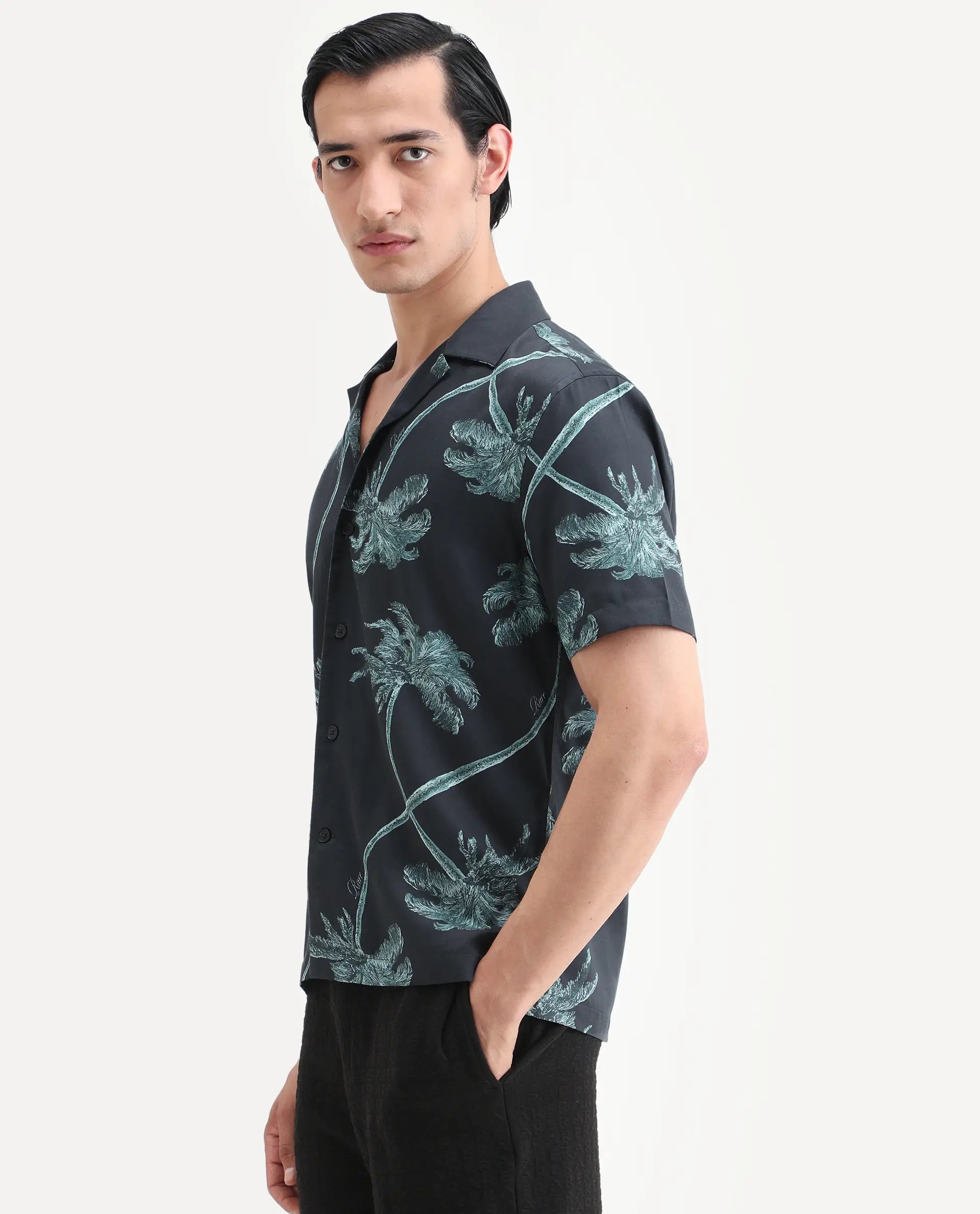 Rare Rabbit Men's Greko Black Cotton Blend Fabric Half Sleeve Cuban Collar Regular Fit Tropical Print Shirt