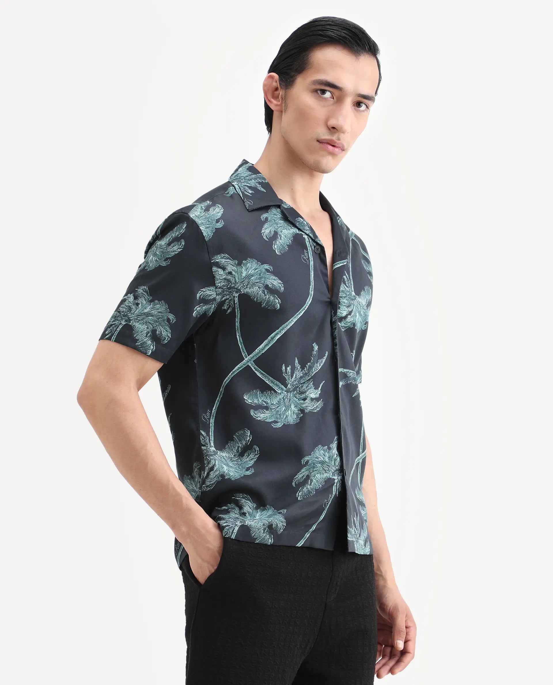 Rare Rabbit Men's Greko Black Cotton Blend Fabric Half Sleeve Cuban Collar Regular Fit Tropical Print Shirt