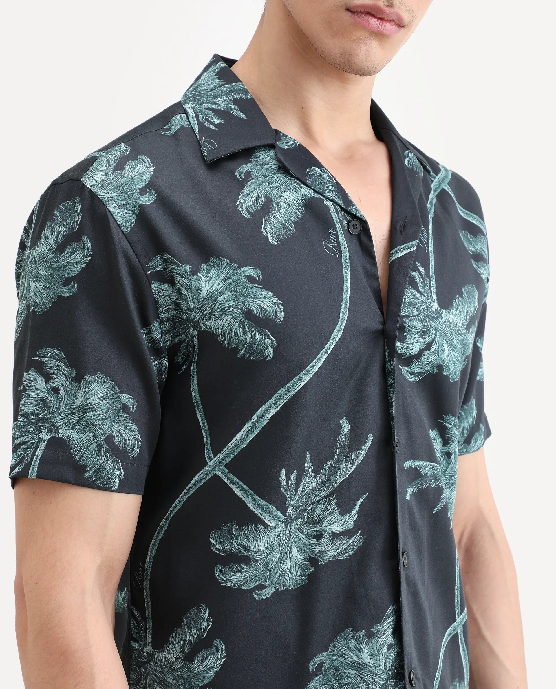 Rare Rabbit Men's Greko Black Cotton Blend Fabric Half Sleeve Cuban Collar Regular Fit Tropical Print Shirt