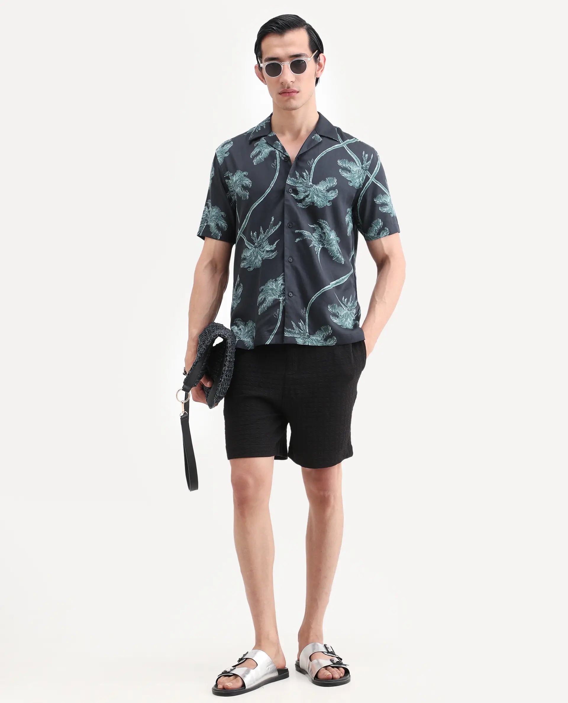 Rare Rabbit Men's Greko Black Cotton Blend Fabric Half Sleeve Cuban Collar Regular Fit Tropical Print Shirt
