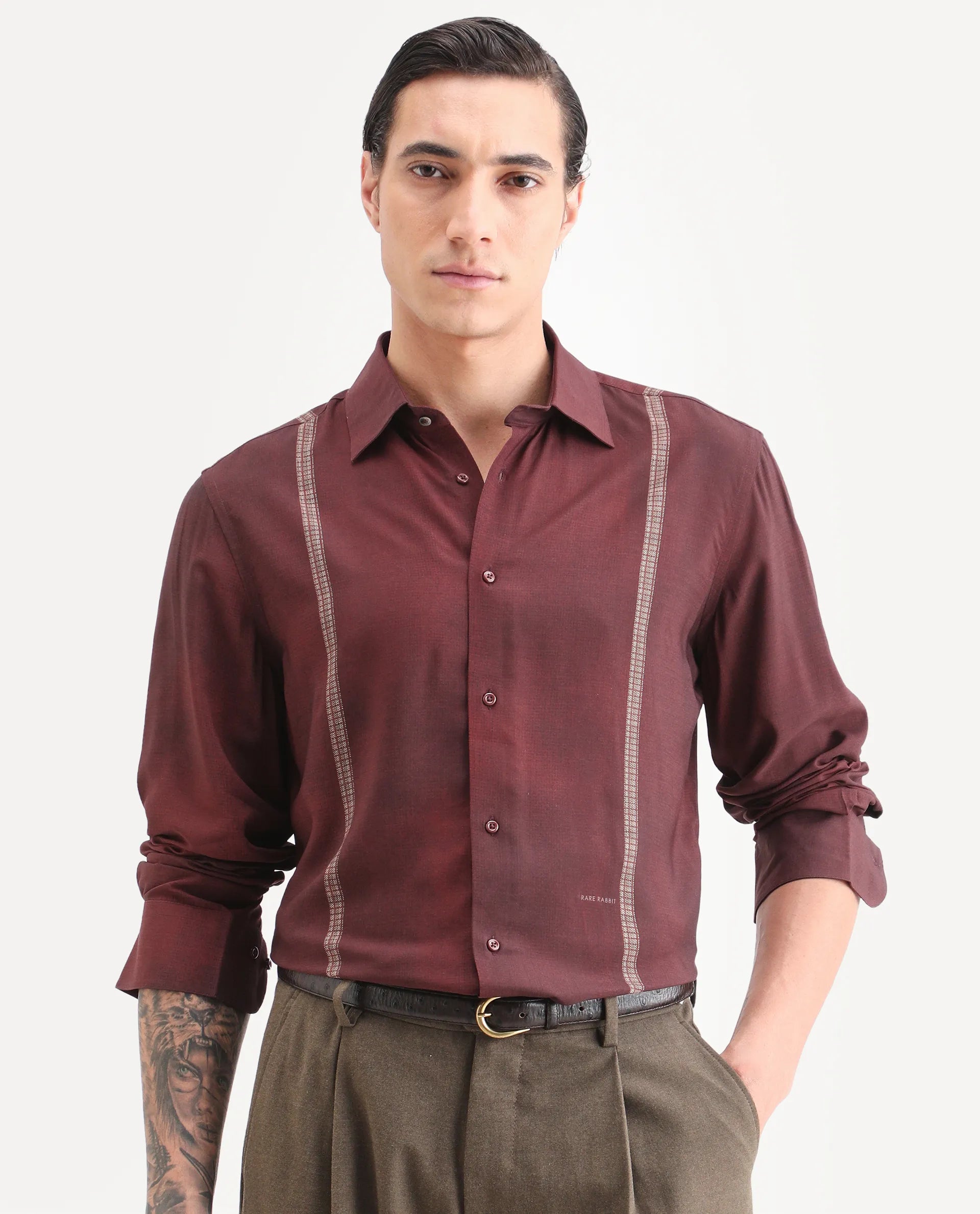 Rare Rabbit Men's Iqra Dusky Red Viscose Fabric Full Sleeve Spread Collar Regular Fit Striped Shirt