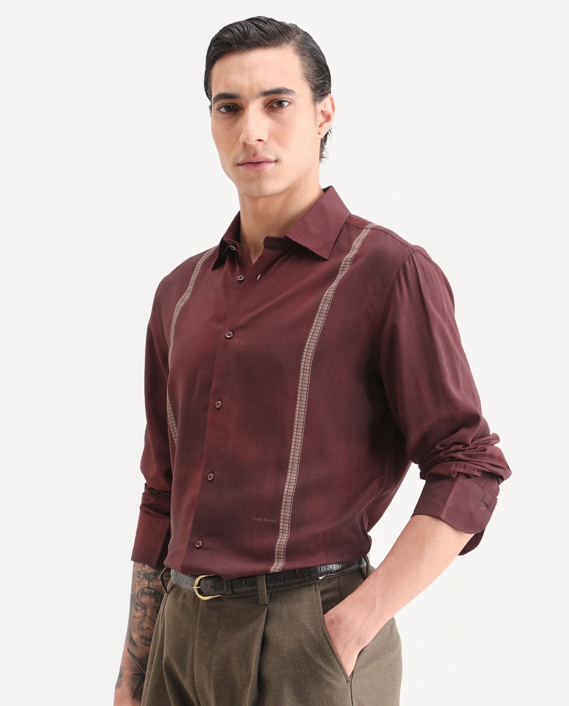 Rare Rabbit Men's Iqra Dusky Red Viscose Fabric Full Sleeve Spread Collar Regular Fit Striped Shirt