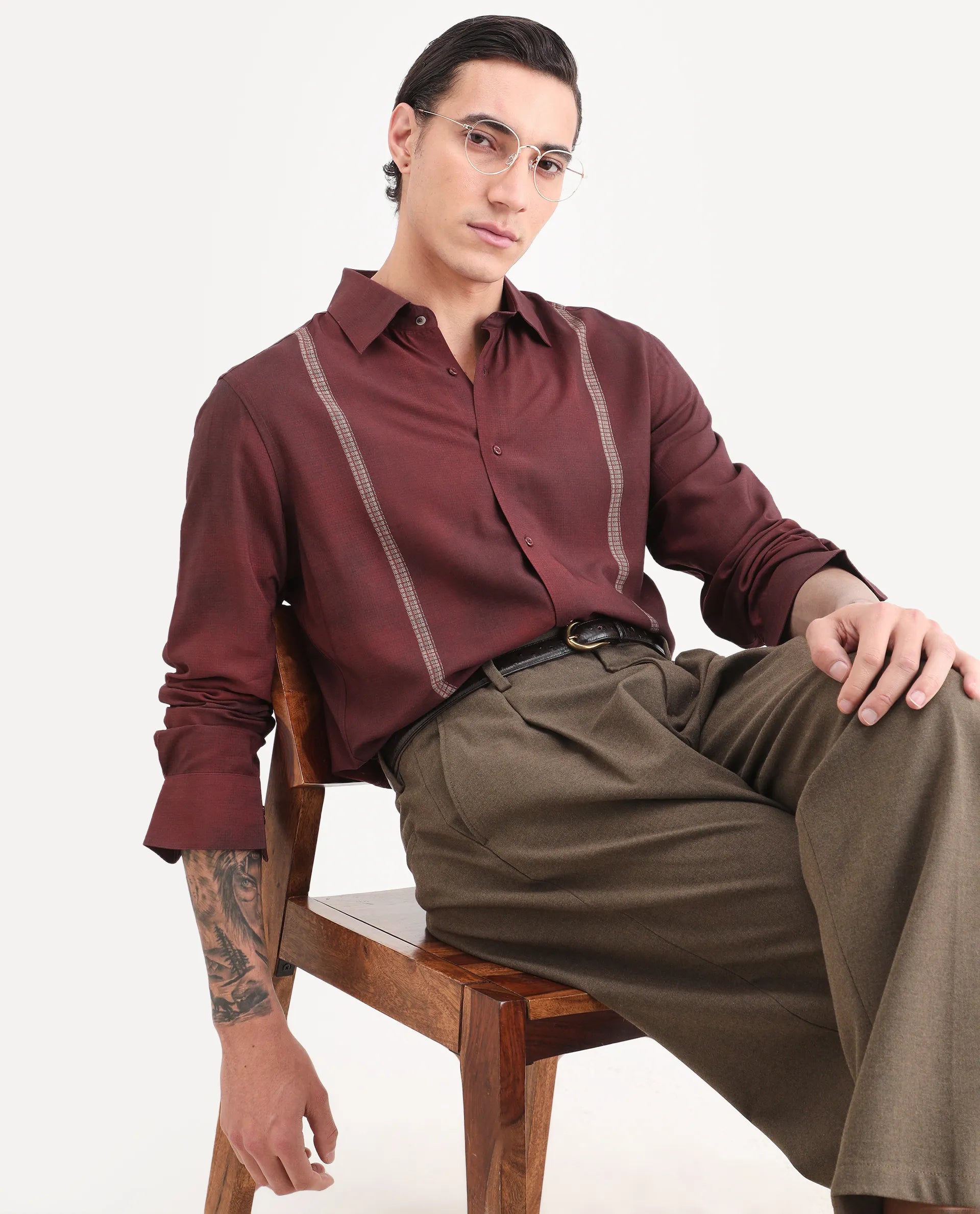 Rare Rabbit Men's Iqra Dusky Red Viscose Fabric Full Sleeve Spread Collar Regular Fit Striped Shirt