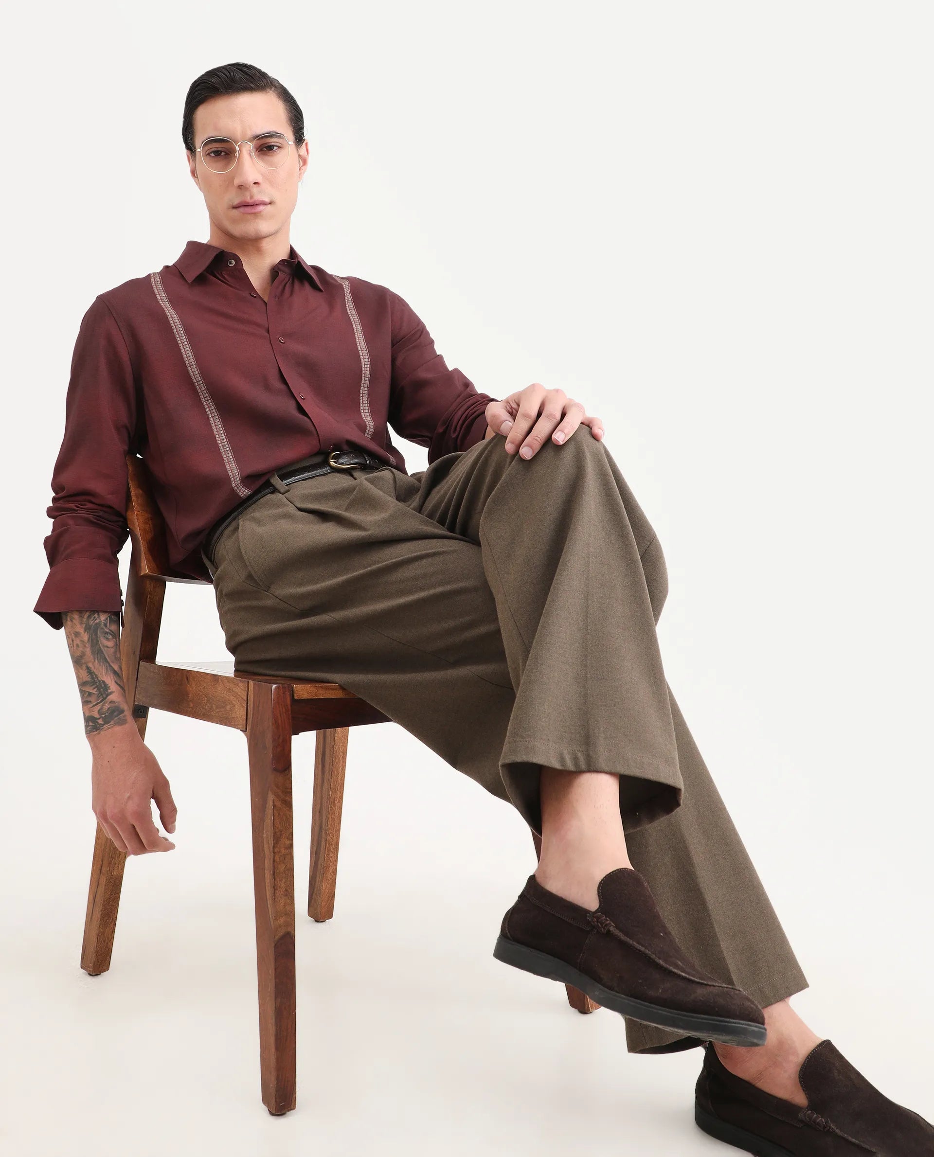 Rare Rabbit Men's Iqra Dusky Red Viscose Fabric Full Sleeve Spread Collar Regular Fit Striped Shirt