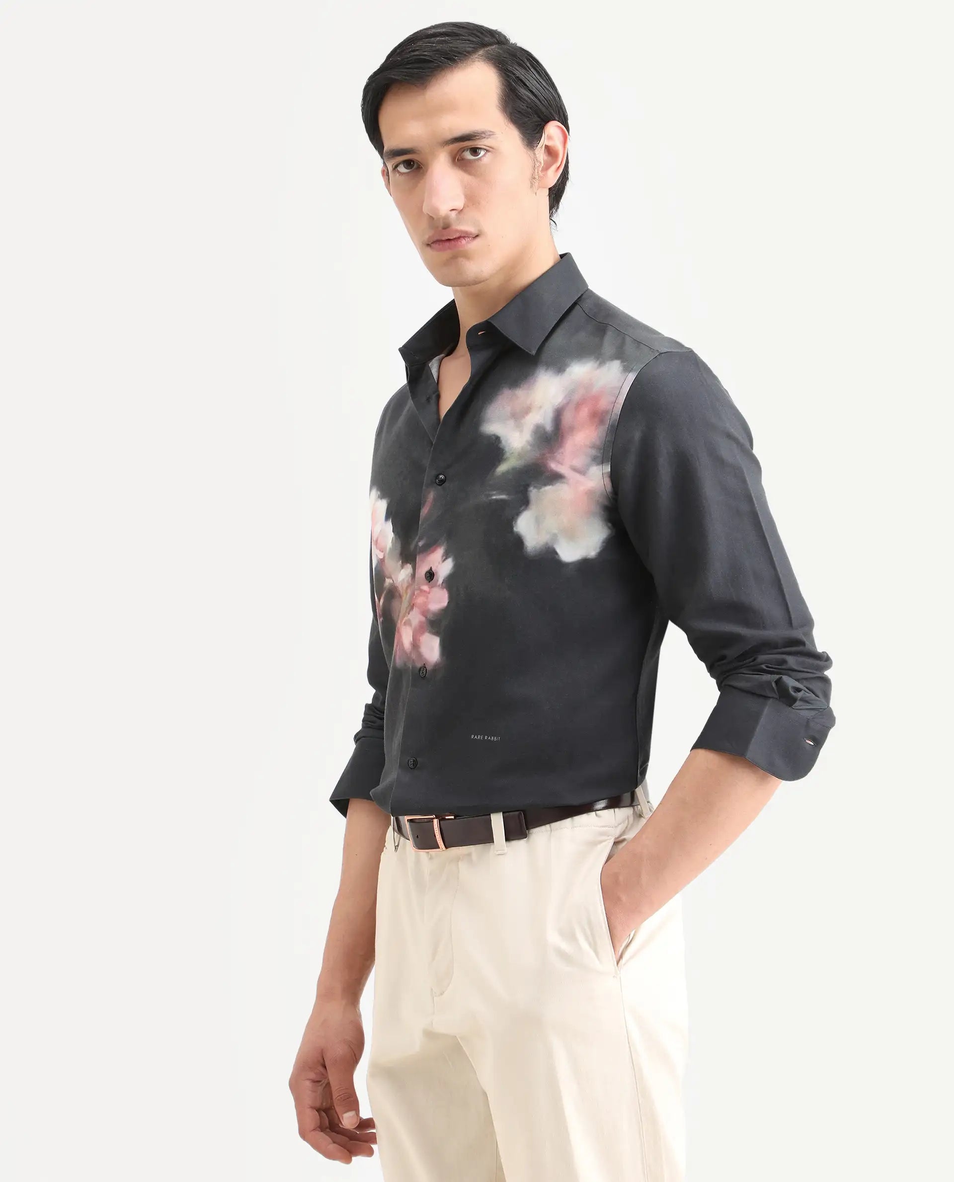 Rare Rabbit Men's Jelks Black Cotton Blend Fabric Full Sleeve Spread Collar Regular Fit Floral Print Shirt