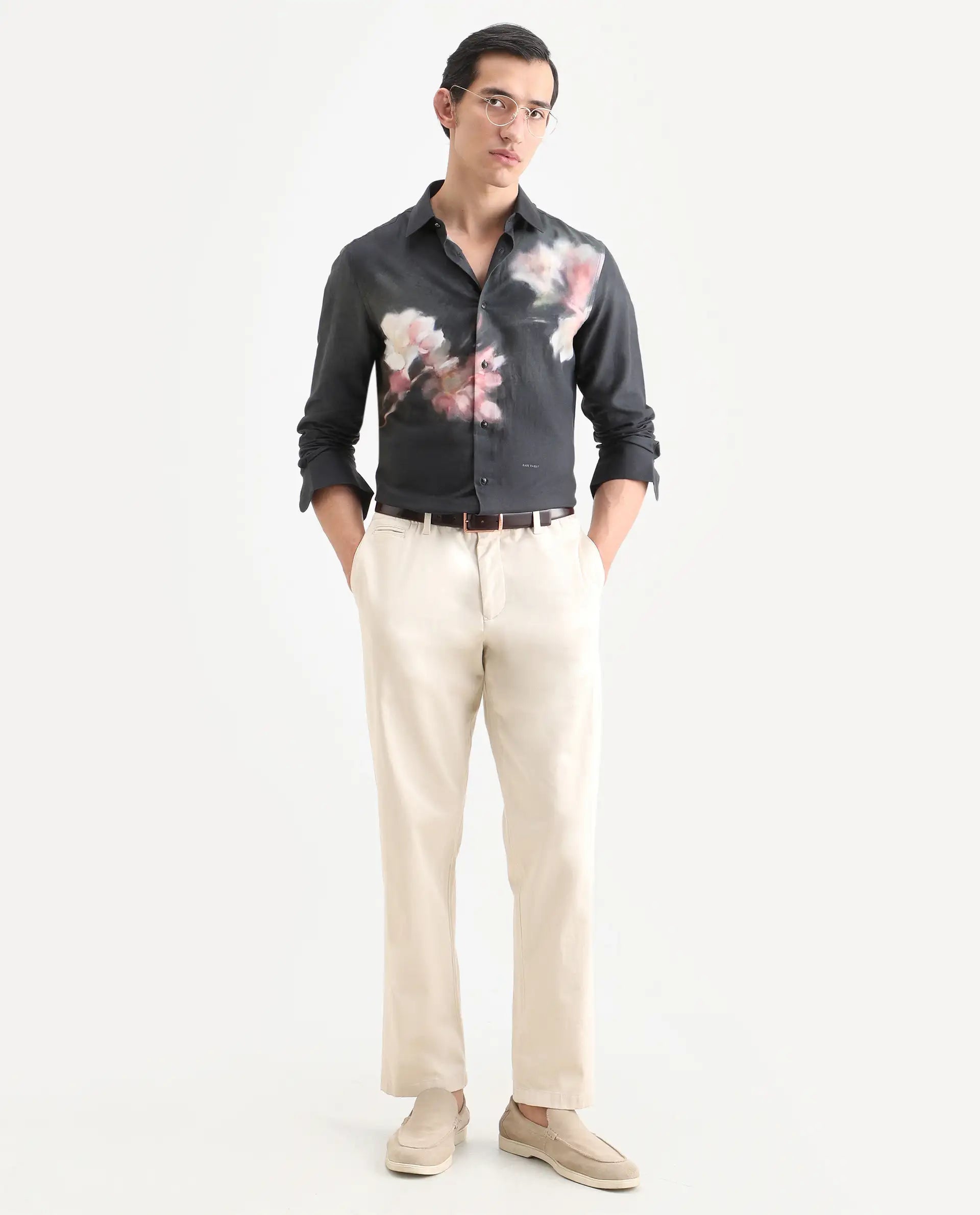 Rare Rabbit Men's Jelks Black Cotton Blend Fabric Full Sleeve Spread Collar Regular Fit Floral Print Shirt