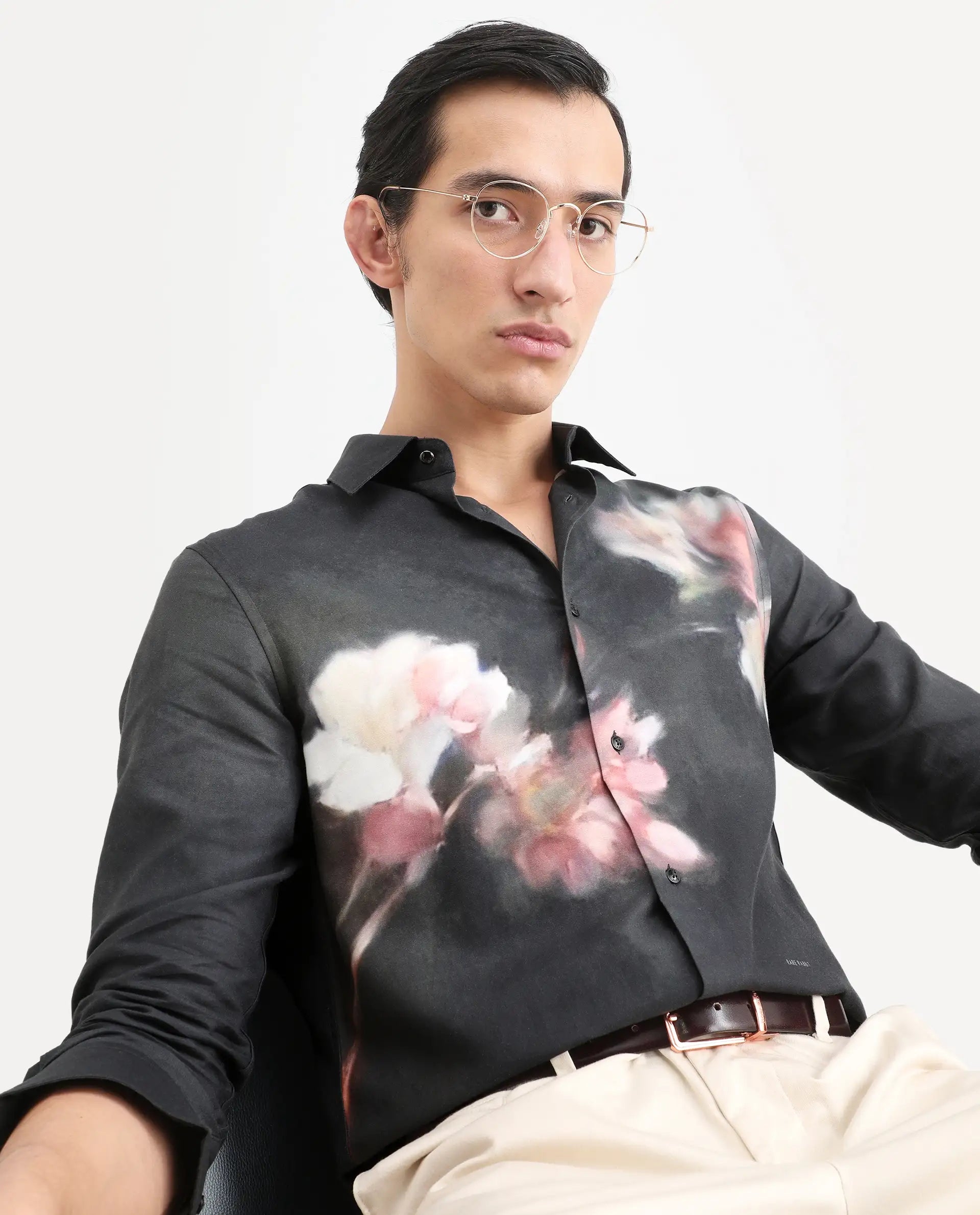 Rare Rabbit Men's Jelks Black Cotton Blend Fabric Full Sleeve Spread Collar Regular Fit Floral Print Shirt
