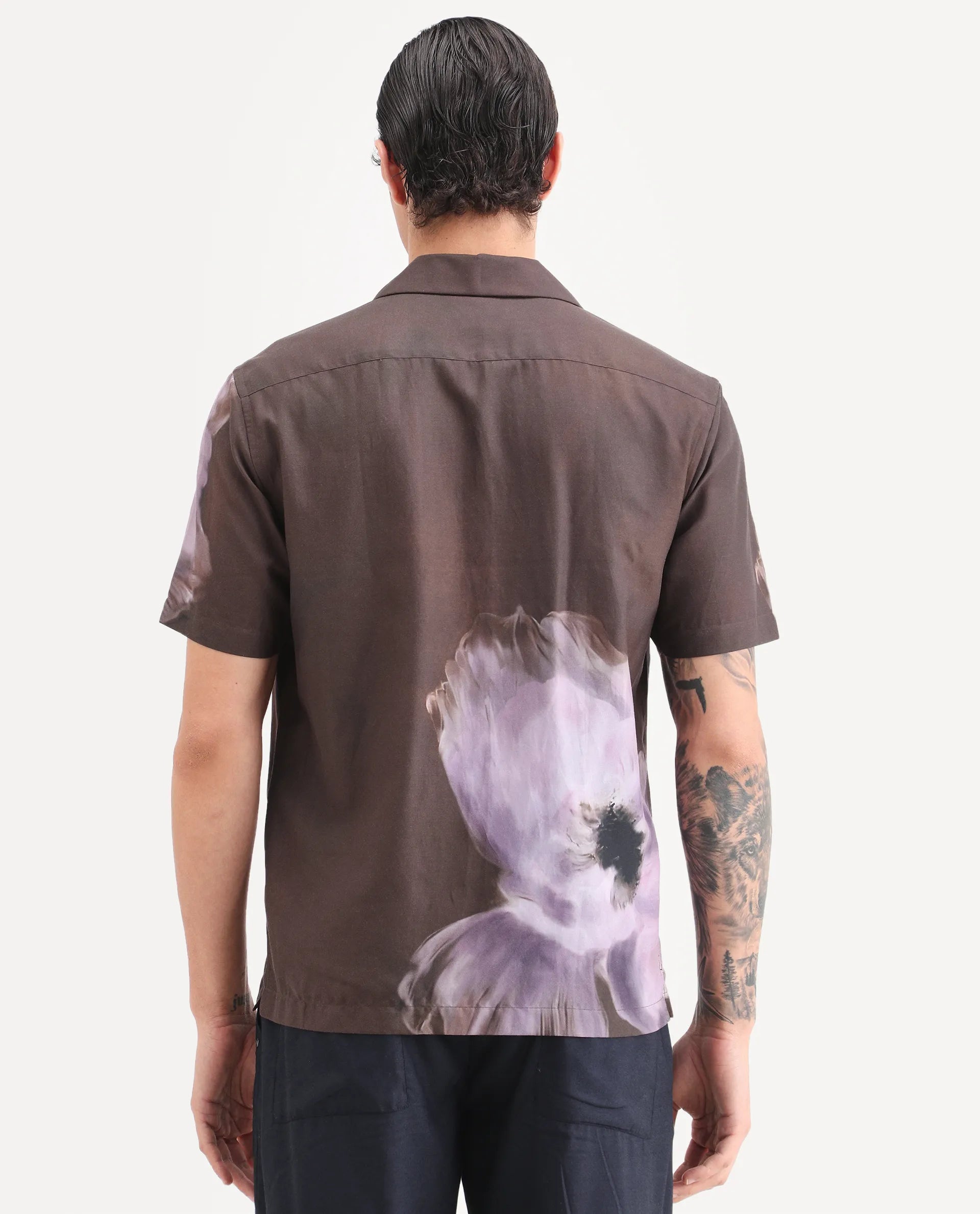 Rare Rabbit Men's Jena Dusky Brown Cotton Blend Fabric Half Sleeve Cuban Collar Regular Fit Floral Print Shirt
