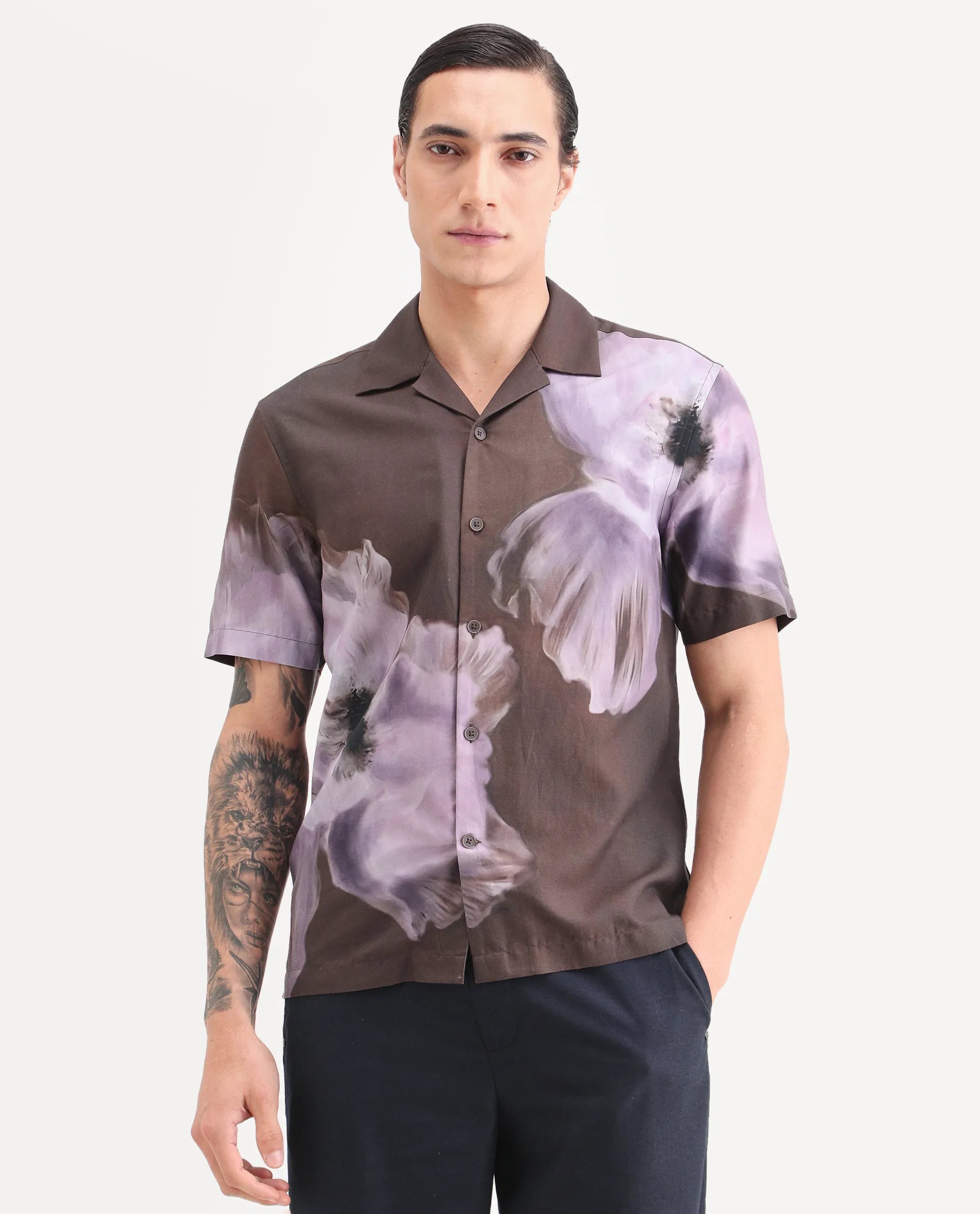 Rare Rabbit Men's Jena Dusky Brown Cotton Blend Fabric Half Sleeve Cuban Collar Regular Fit Floral Print Shirt
