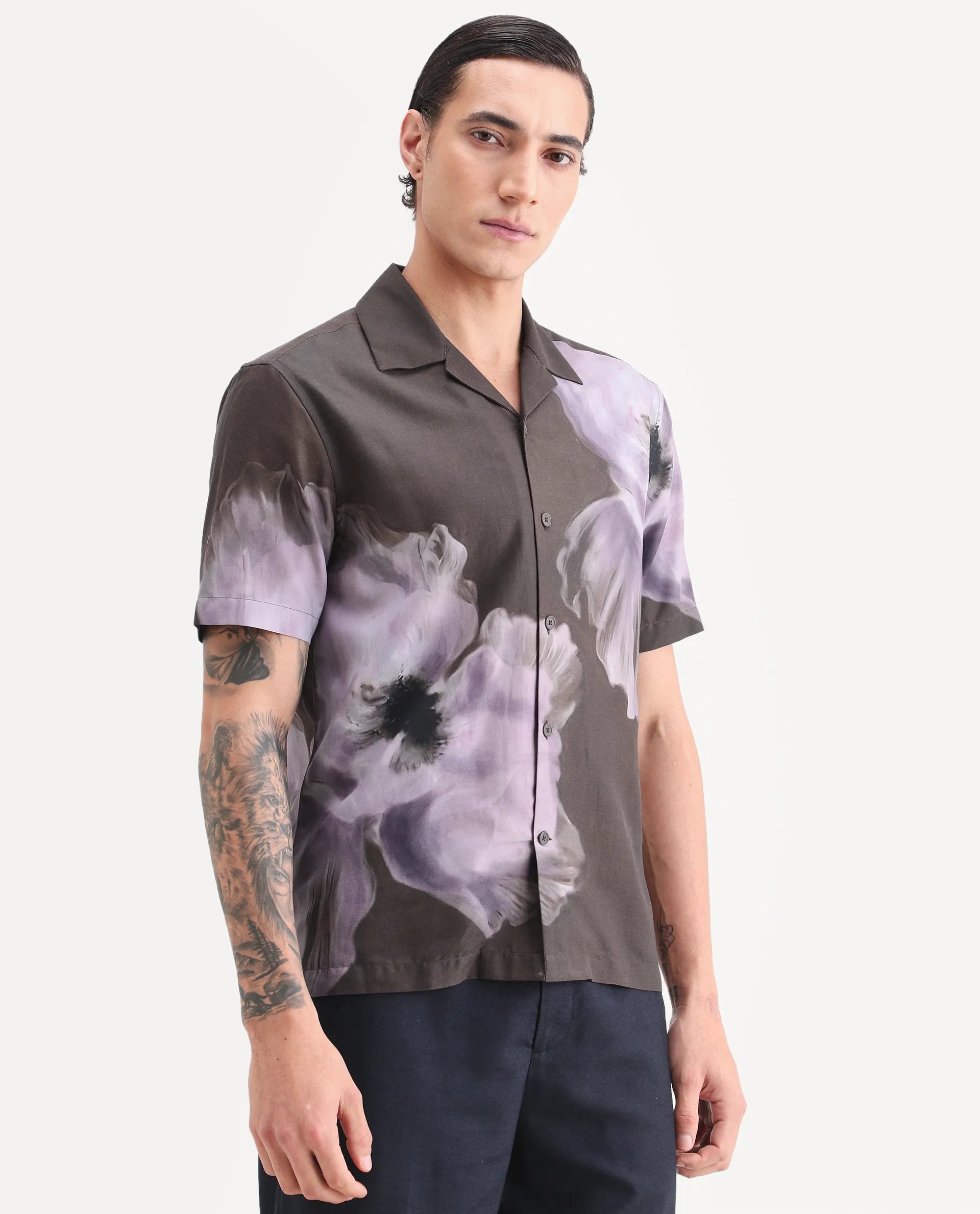 Rare Rabbit Men's Jena Dusky Brown Cotton Blend Fabric Half Sleeve Cuban Collar Regular Fit Floral Print Shirt
