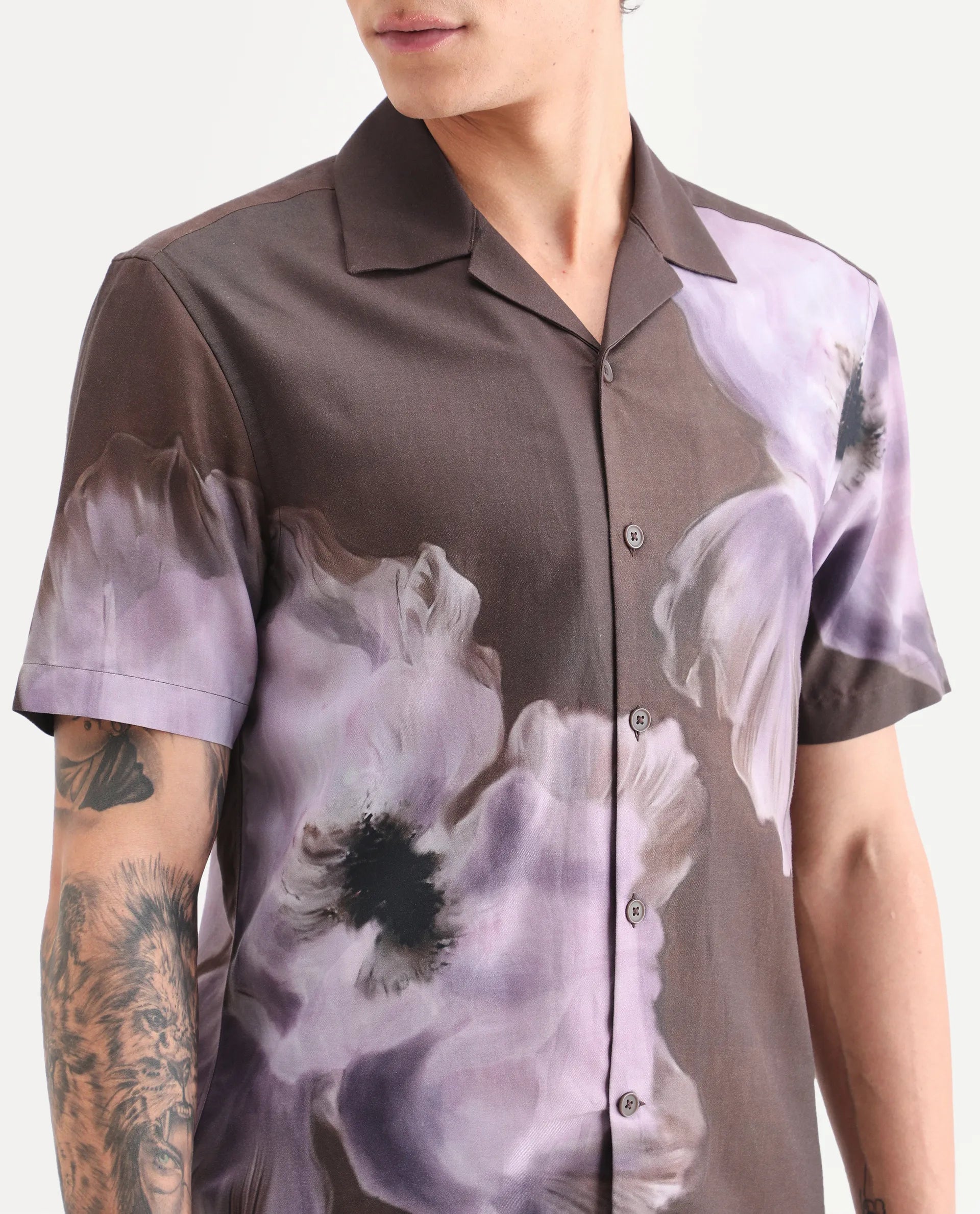 Rare Rabbit Men's Jena Dusky Brown Cotton Blend Fabric Half Sleeve Cuban Collar Regular Fit Floral Print Shirt