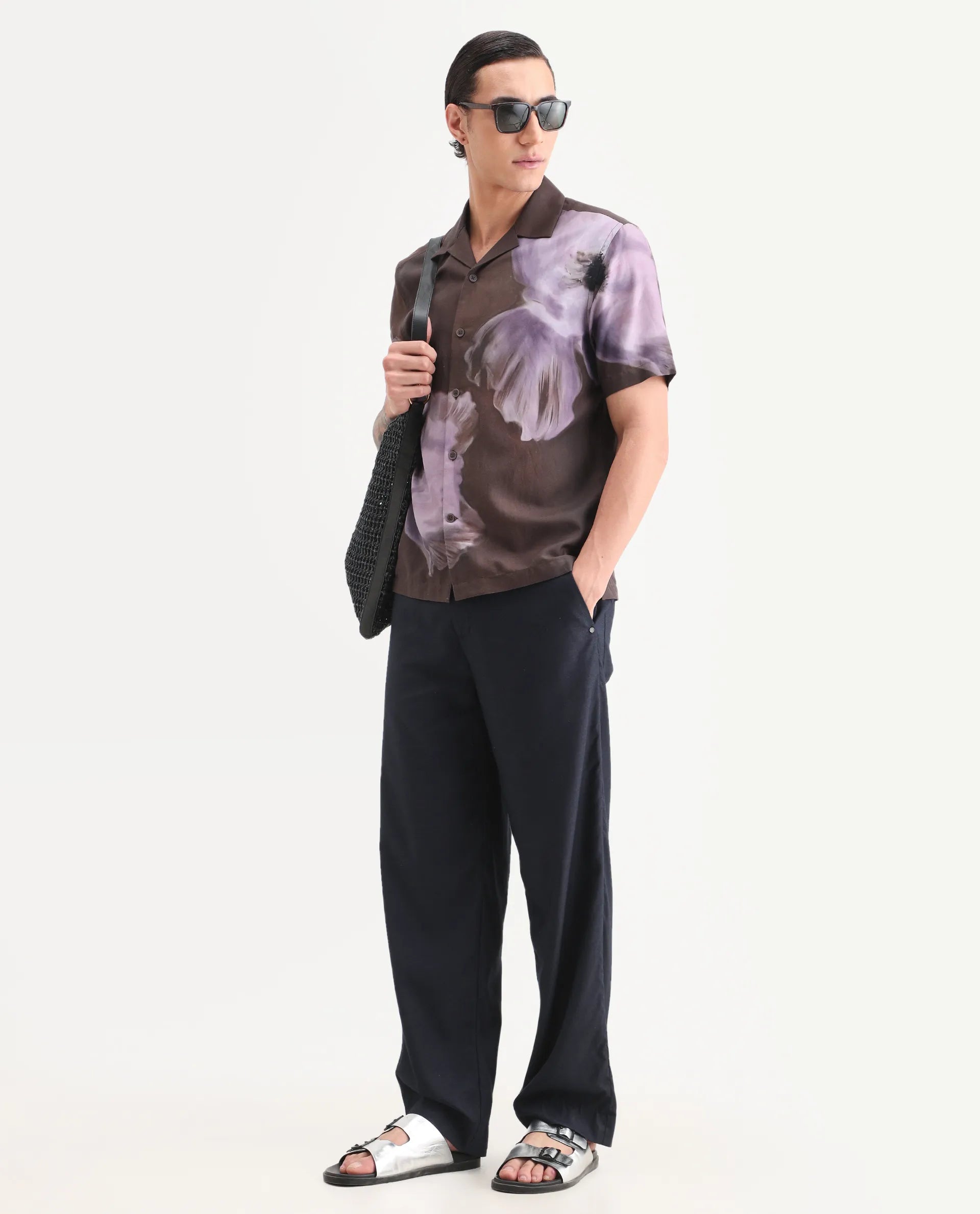 Rare Rabbit Men's Jena Dusky Brown Cotton Blend Fabric Half Sleeve Cuban Collar Regular Fit Floral Print Shirt