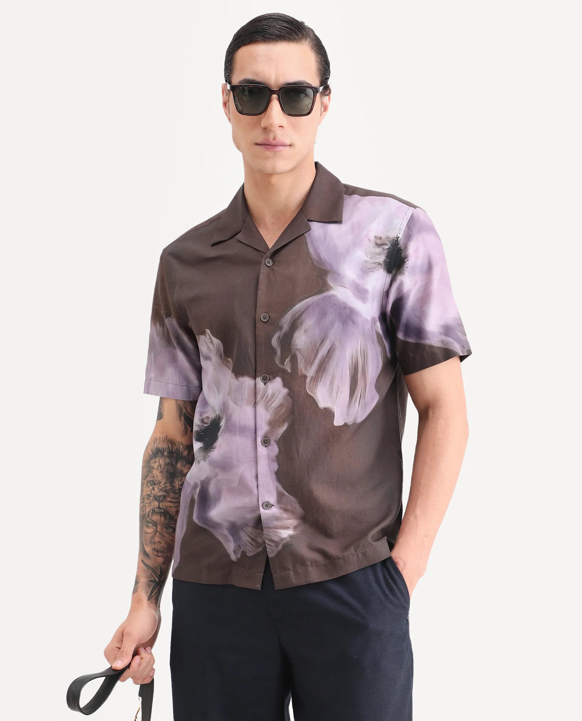 Rare Rabbit Men's Jena Dusky Brown Cotton Blend Fabric Half Sleeve Cuban Collar Regular Fit Floral Print Shirt