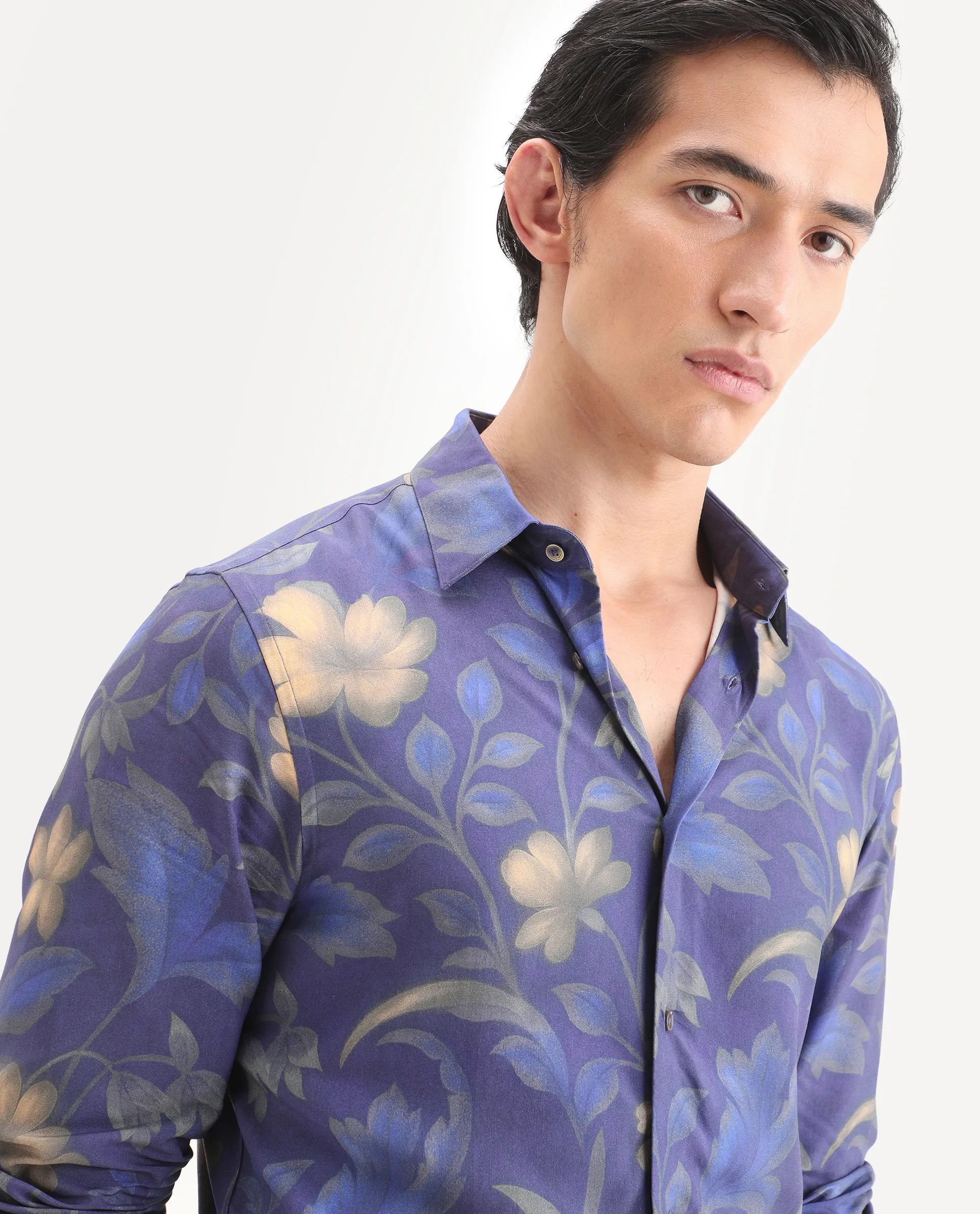 Rare Rabbit Men's Jolo Dusky Purple Viscose Fabric Full Sleeve Spread Collar Regular Fit Floral Print Shirt