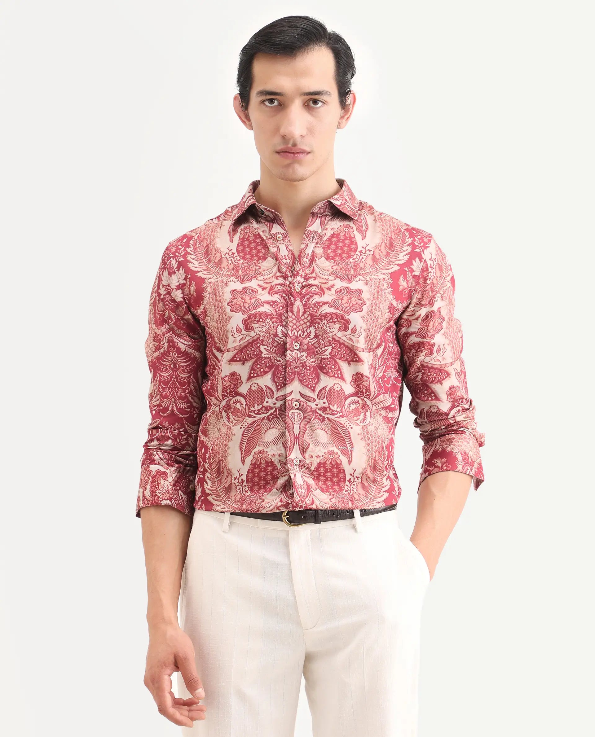 Rare Rabbit Men's Korp Red Cotton Blend Blend Fabric Full Sleeve Spread Collar Regular Fit Paisley Print Shirt