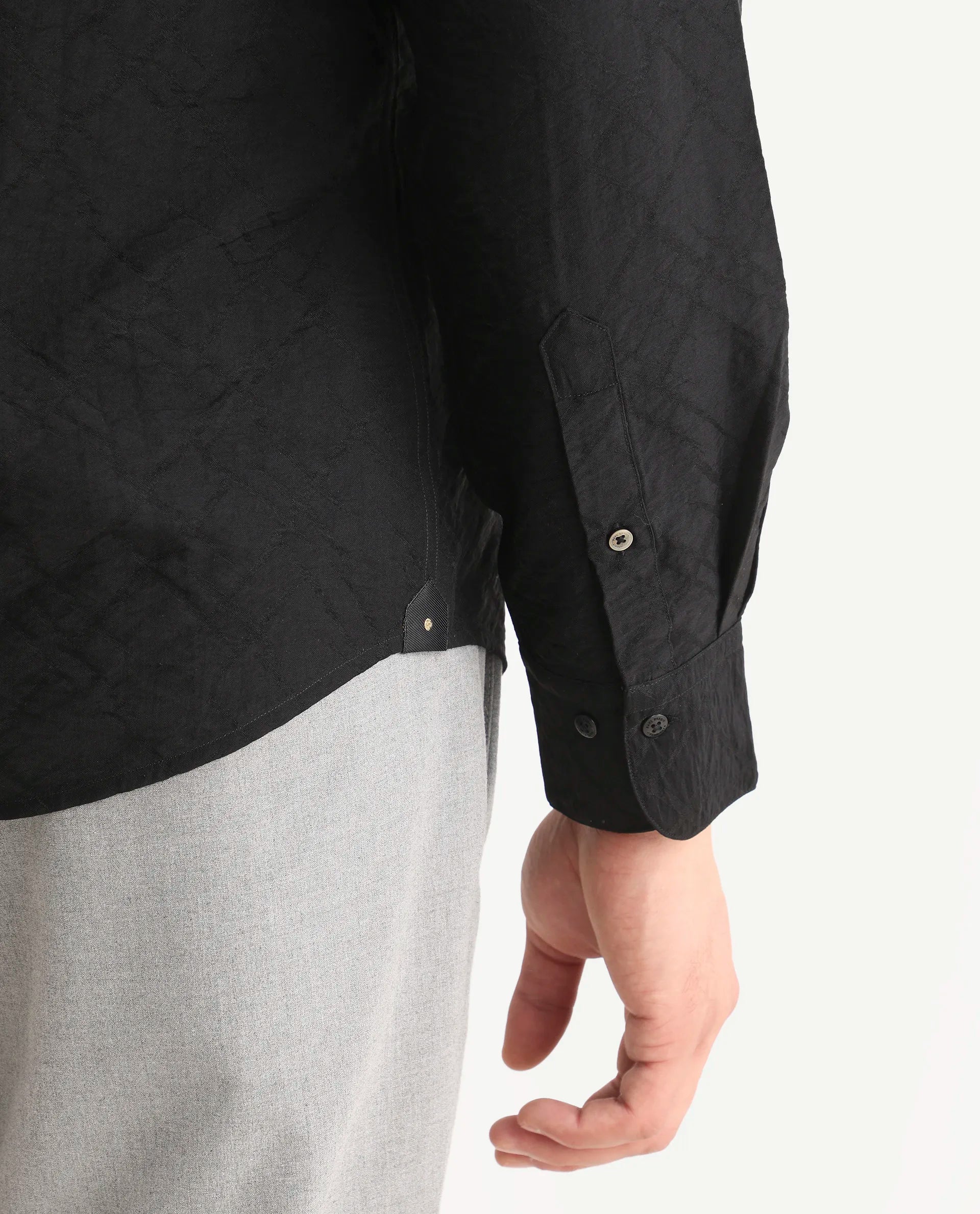 Rare Rabbit Men's Ciera Black Viscose Blend Fabric Full Sleeve Spread Collar Regular Fit Jacquard Shirt