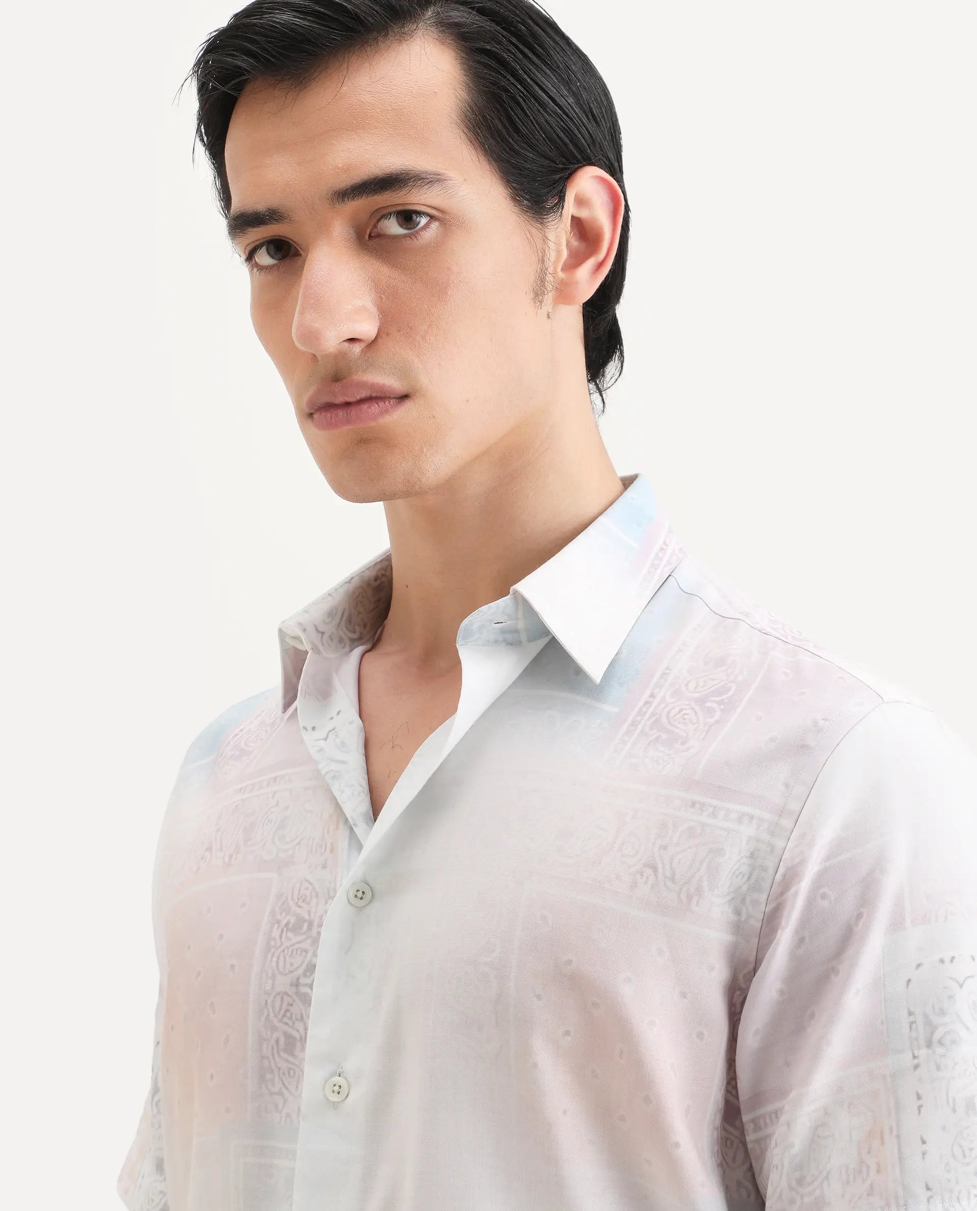Rare Rabbit Men's Kyra White Cotton Blend Fabric Half Sleeve Spread Collar Regular Fit Paisley Print Shirt