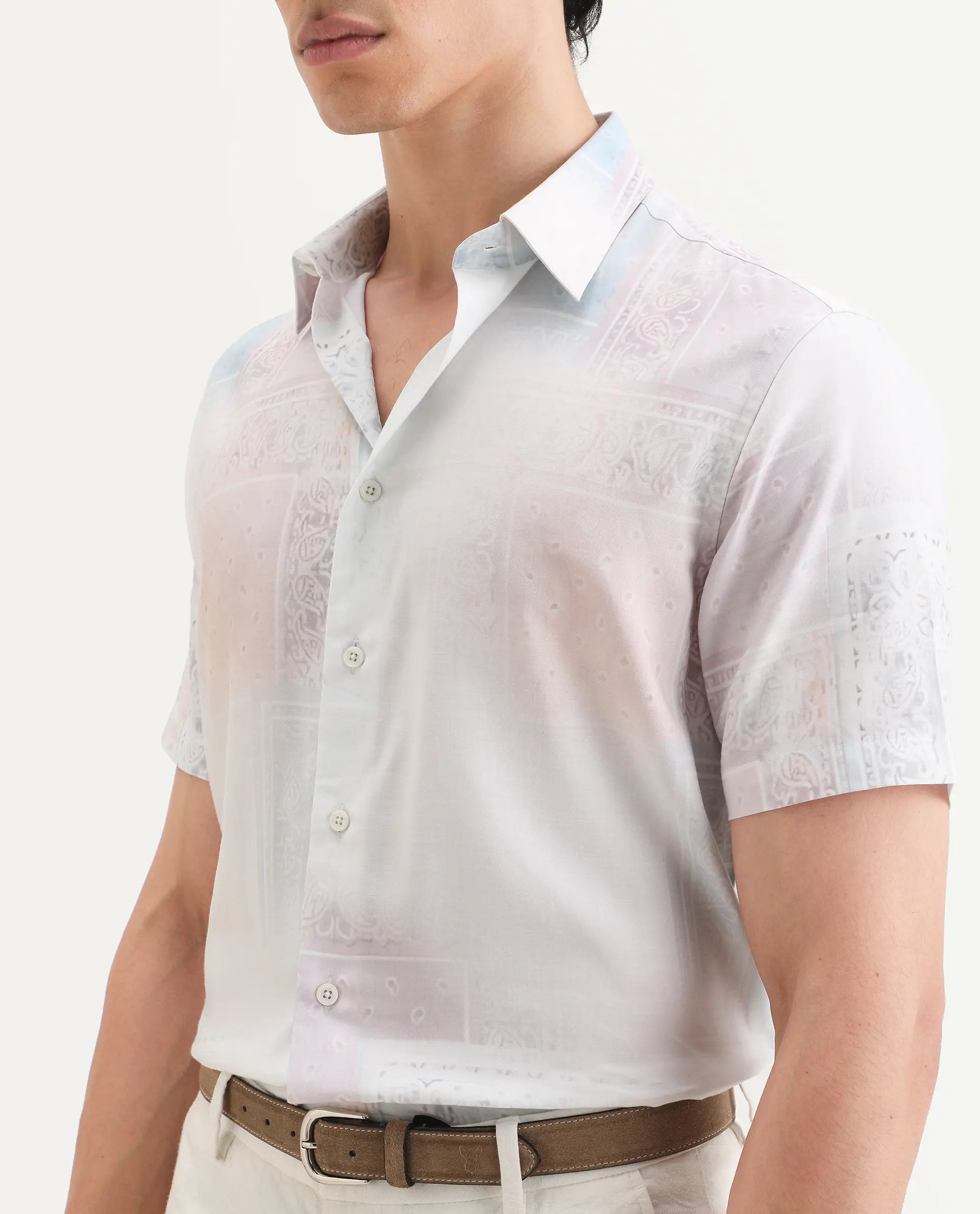 Rare Rabbit Men's Kyra White Cotton Blend Fabric Half Sleeve Spread Collar Regular Fit Paisley Print Shirt