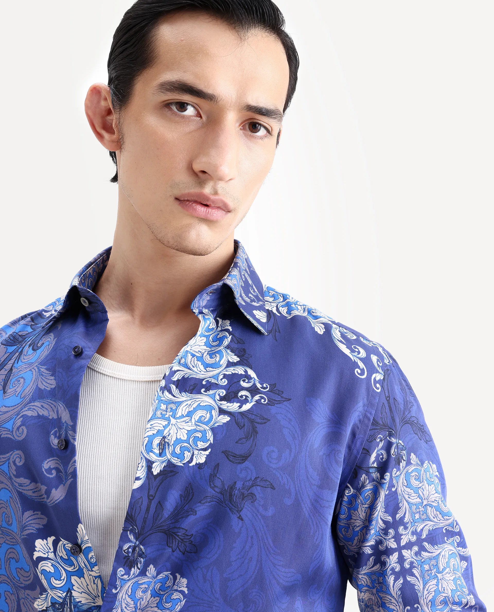 Rare Rabbit Men's Lagos Blue Cotton Blend Fabric Full Sleeve Regular Fit Ornate Print Shirt