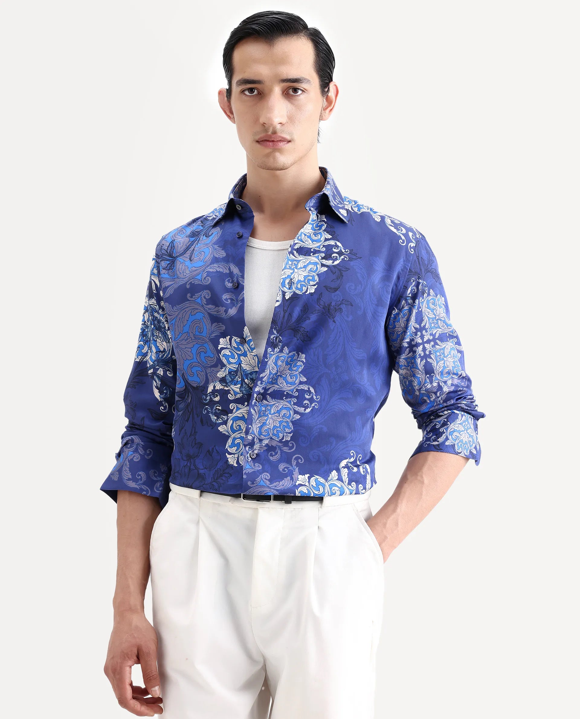 Rare Rabbit Men's Lagos Blue Cotton Blend Fabric Full Sleeve Regular Fit Ornate Print Shirt