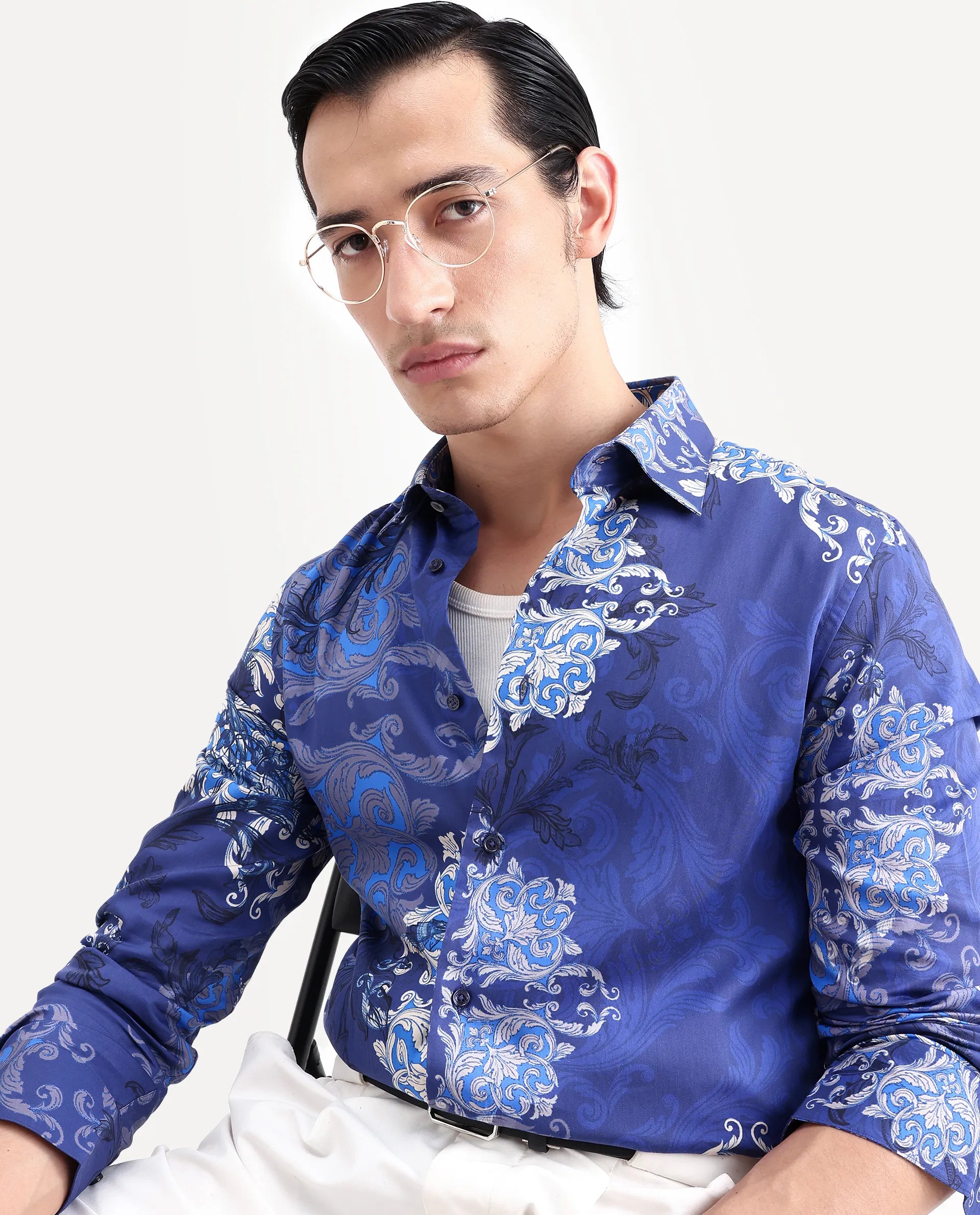 Rare Rabbit Men's Lagos Blue Cotton Blend Fabric Full Sleeve Regular Fit Ornate Print Shirt