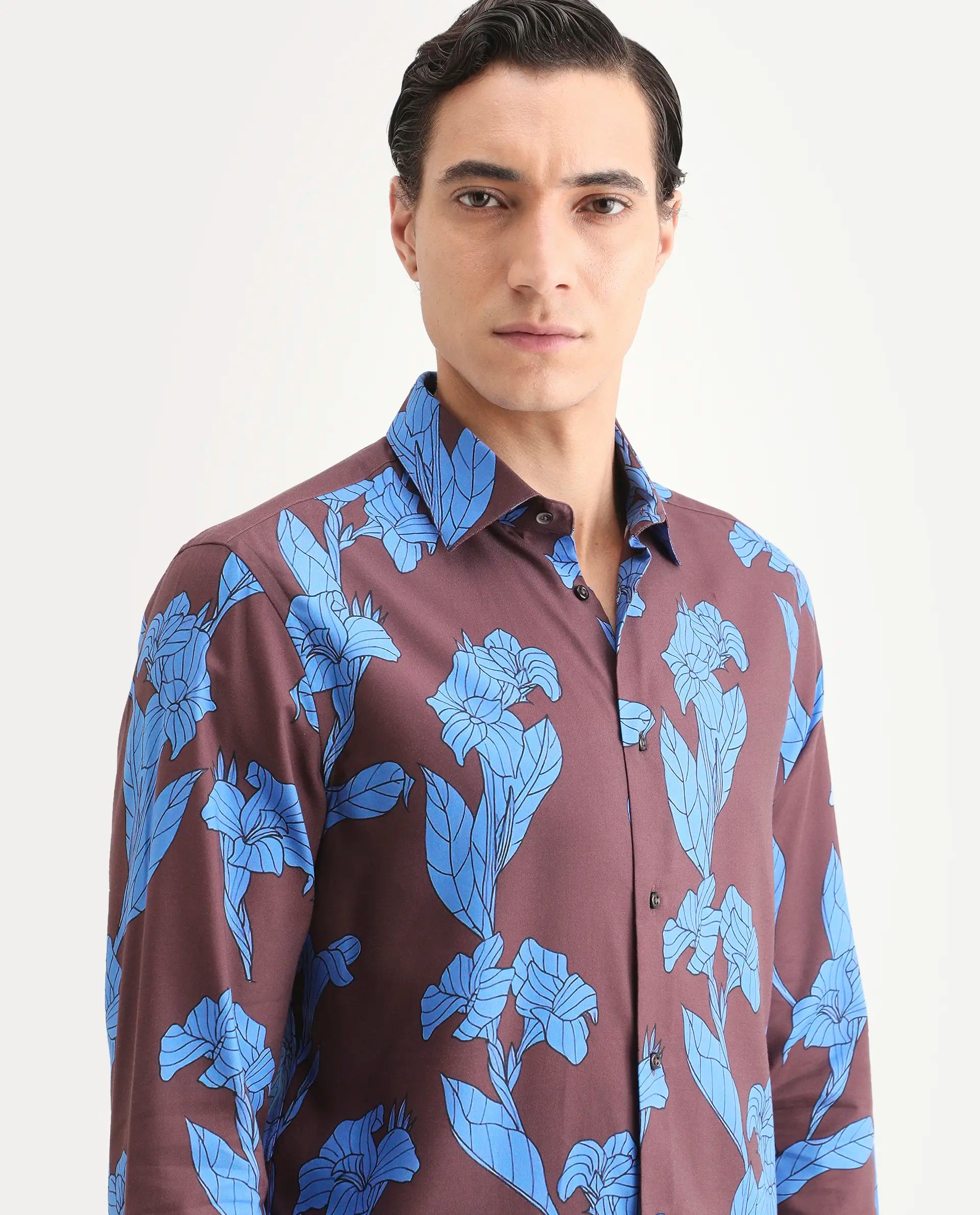 Rare Rabbit Men's Laxo Dusky Brown Cotton Blend Fabric Full Sleeve Spread Collar Regular Fit Floral Print Shirt