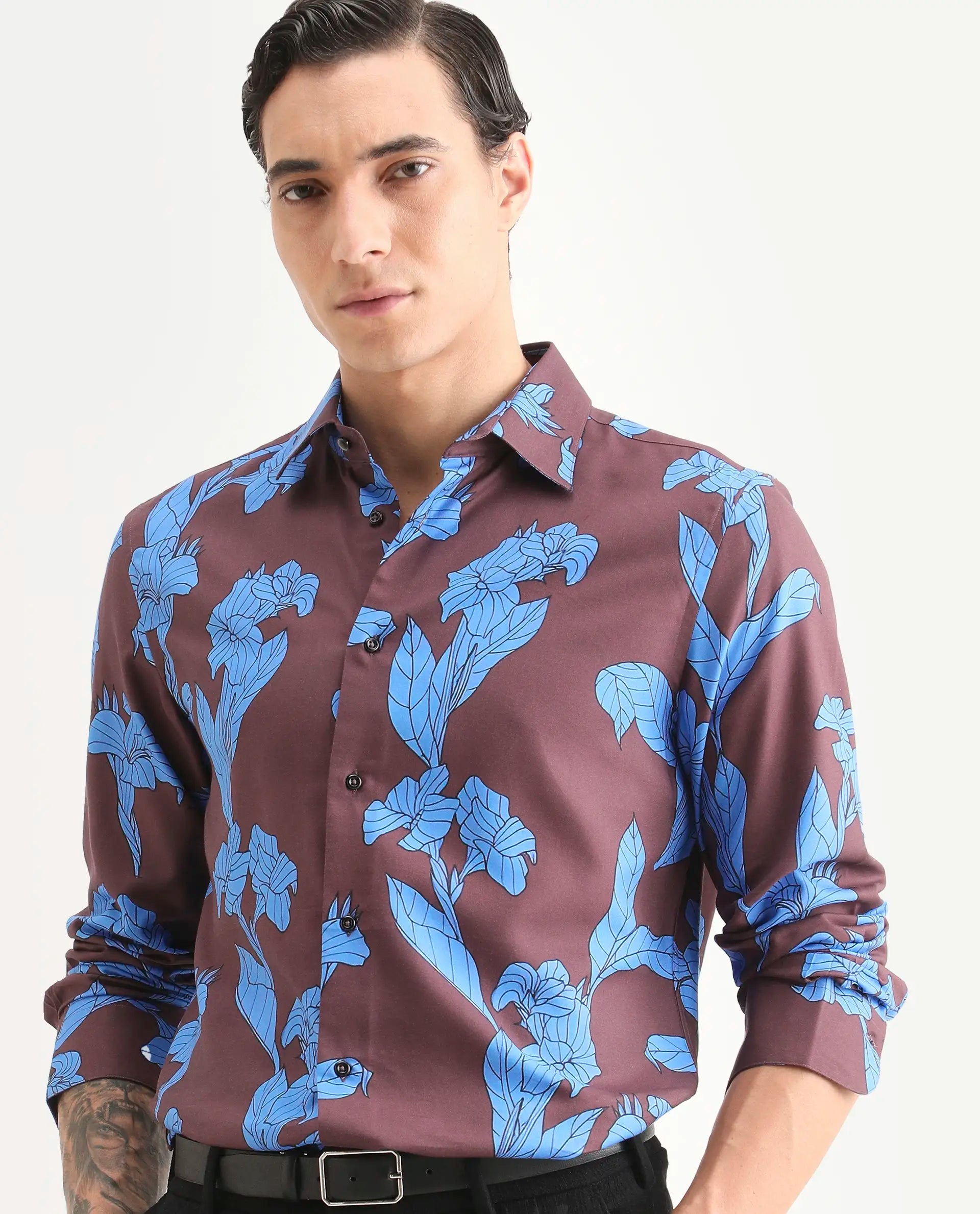Rare Rabbit Men's Laxo Dusky Brown Cotton Blend Fabric Full Sleeve Spread Collar Regular Fit Floral Print Shirt