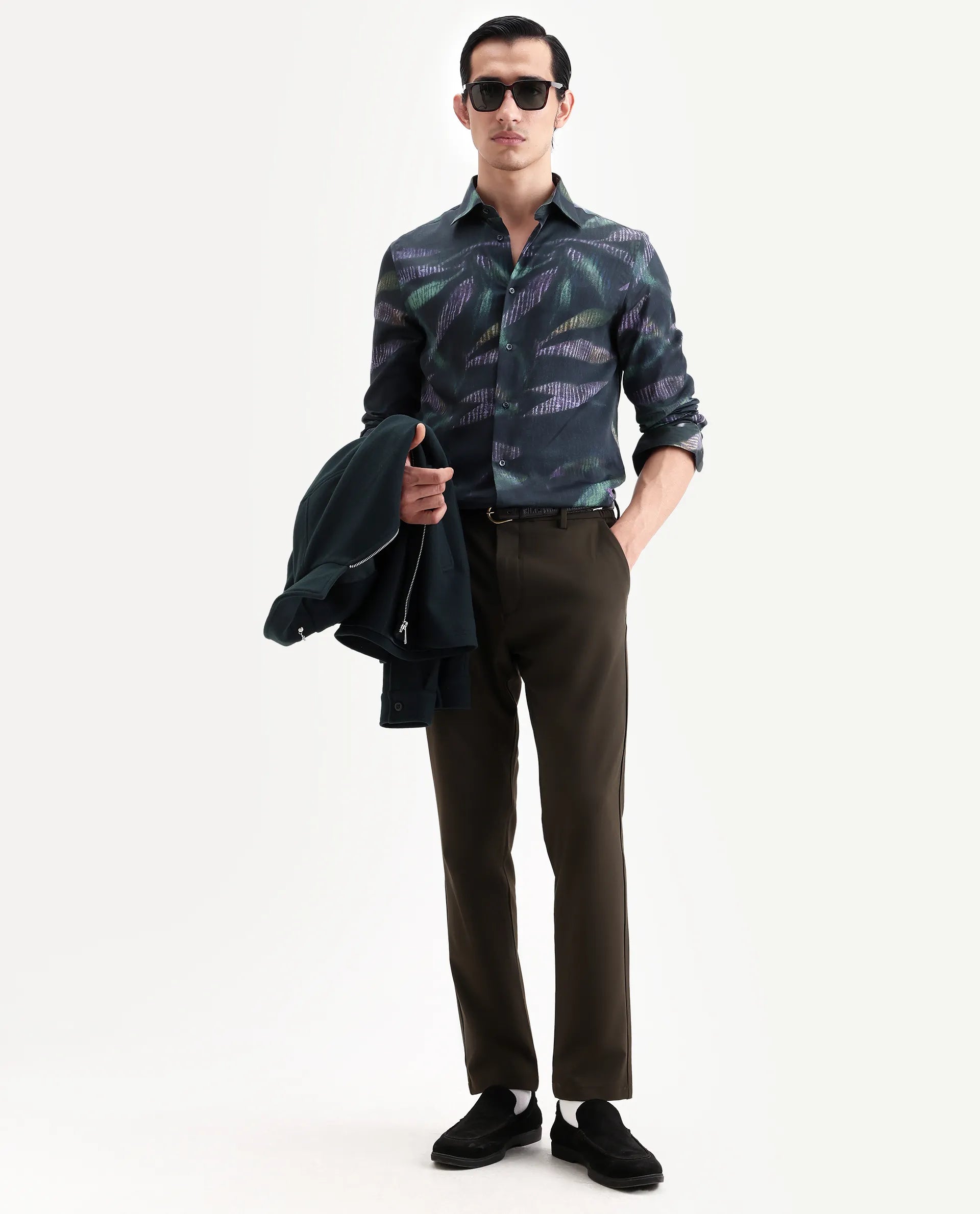 Rare Rabbit Men's Leafo Dusky Green Cotton Blend Blend Fabric Full Sleeve Regular Fit Abstract Print Shirt