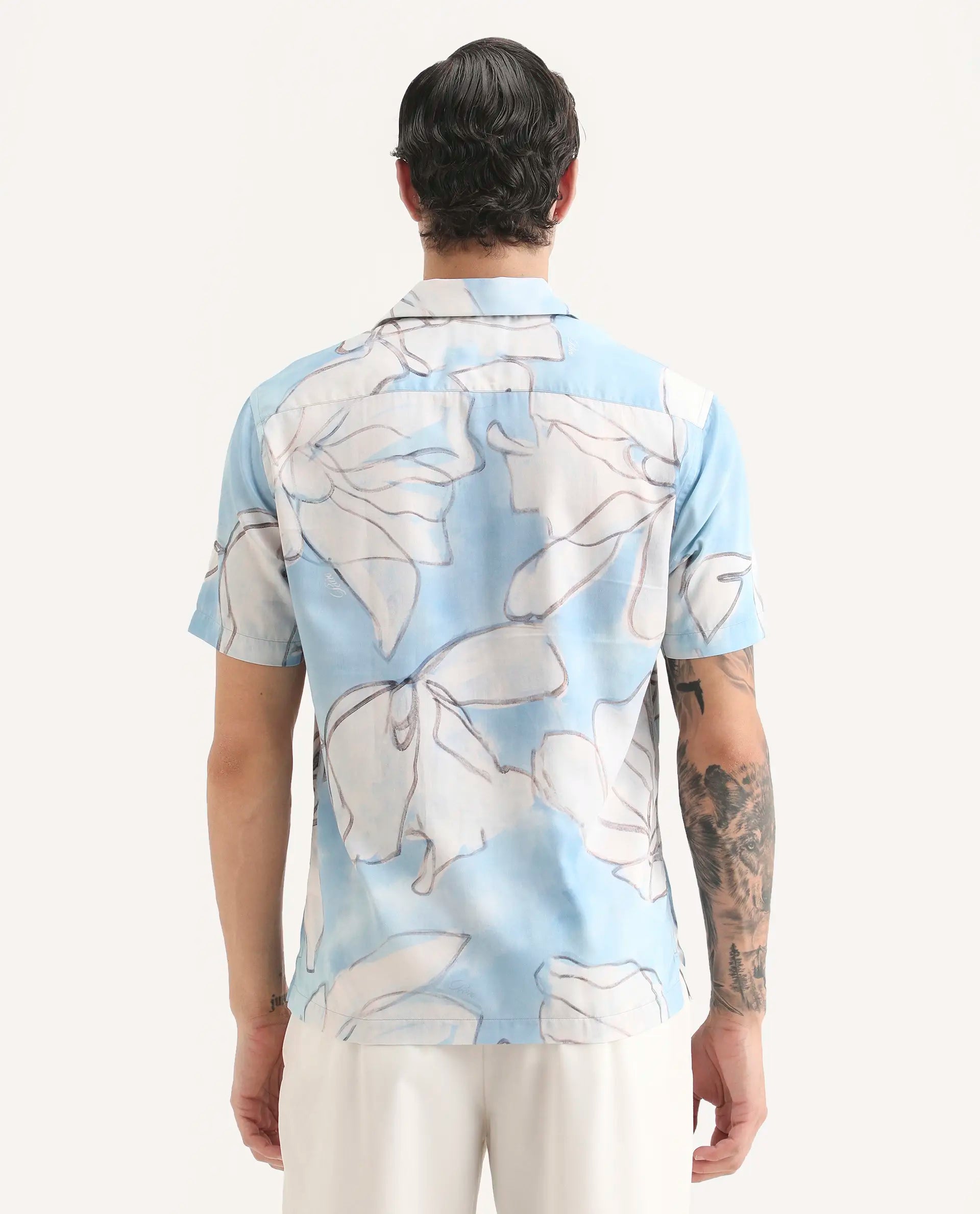 Rare Rabbit Men's Lino Pastel Blue Cotton Blend Fabric Half Sleeve Cuban Collar Regular Fit Floral Print Shirt