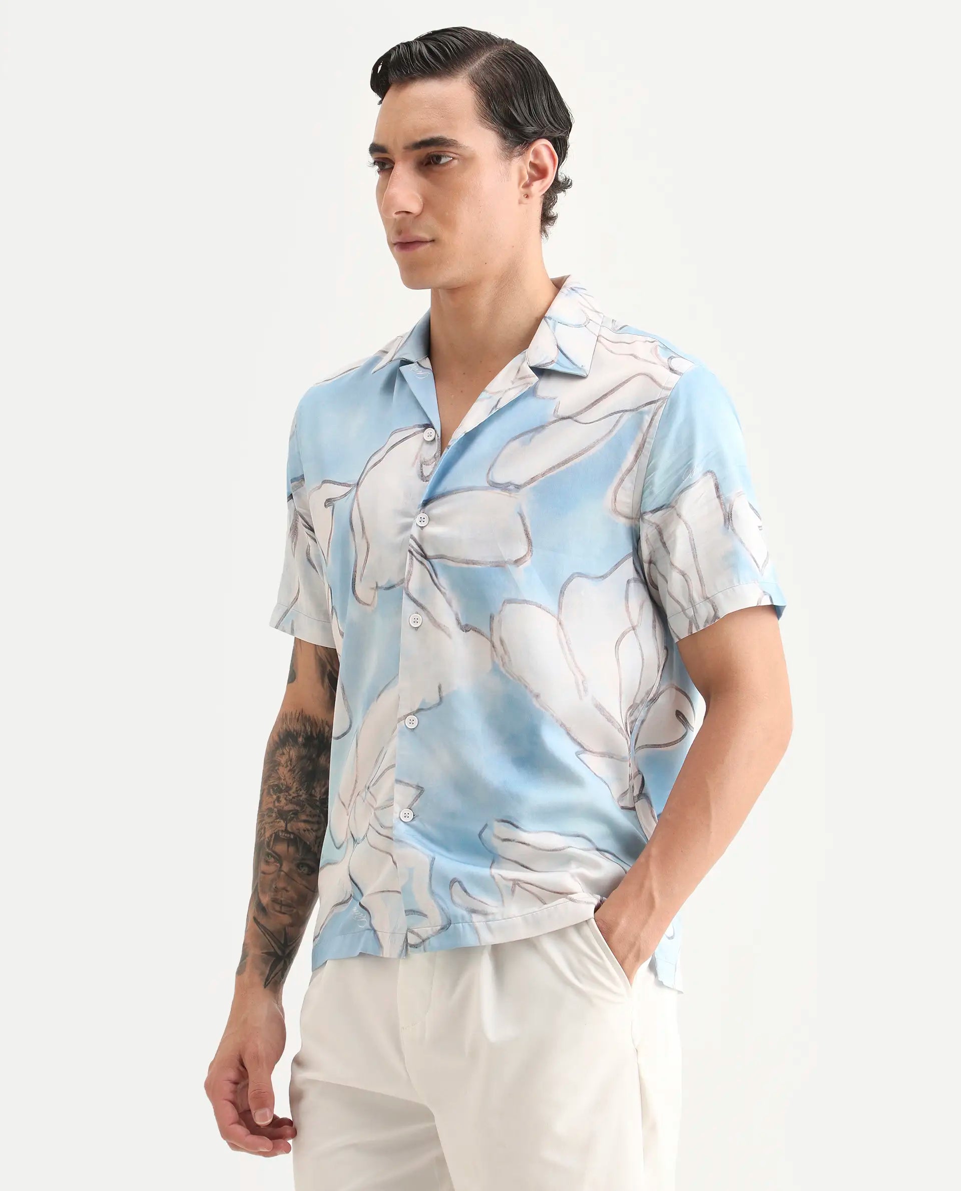 Rare Rabbit Men's Lino Pastel Blue Cotton Blend Fabric Half Sleeve Cuban Collar Regular Fit Floral Print Shirt