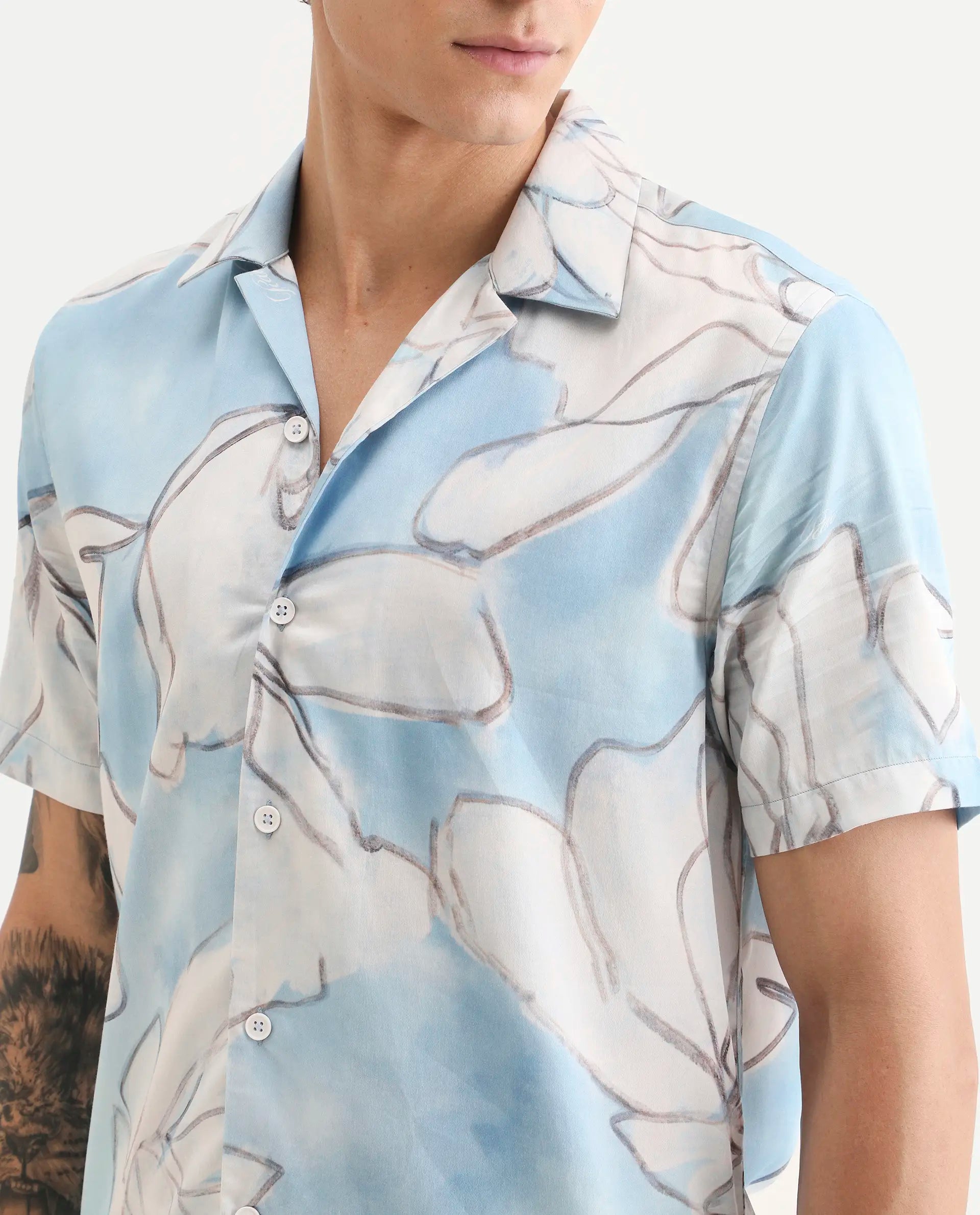 Rare Rabbit Men's Lino Pastel Blue Cotton Blend Fabric Half Sleeve Cuban Collar Regular Fit Floral Print Shirt