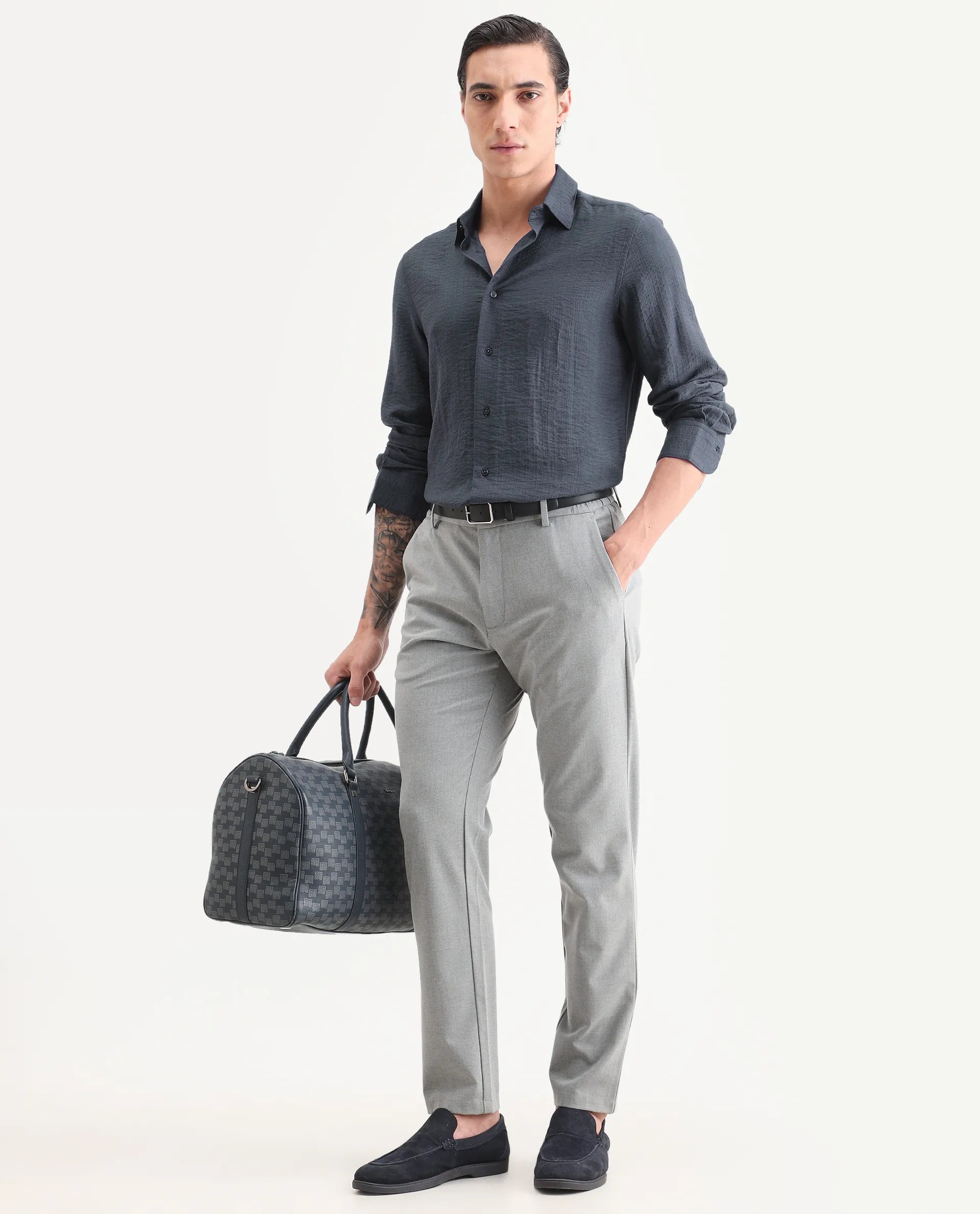 Rare Rabbit Men's Volas Dusky Grey Viscose Blend Fabric Full Sleeve Spread Collar Regular Fit Plain Shirt