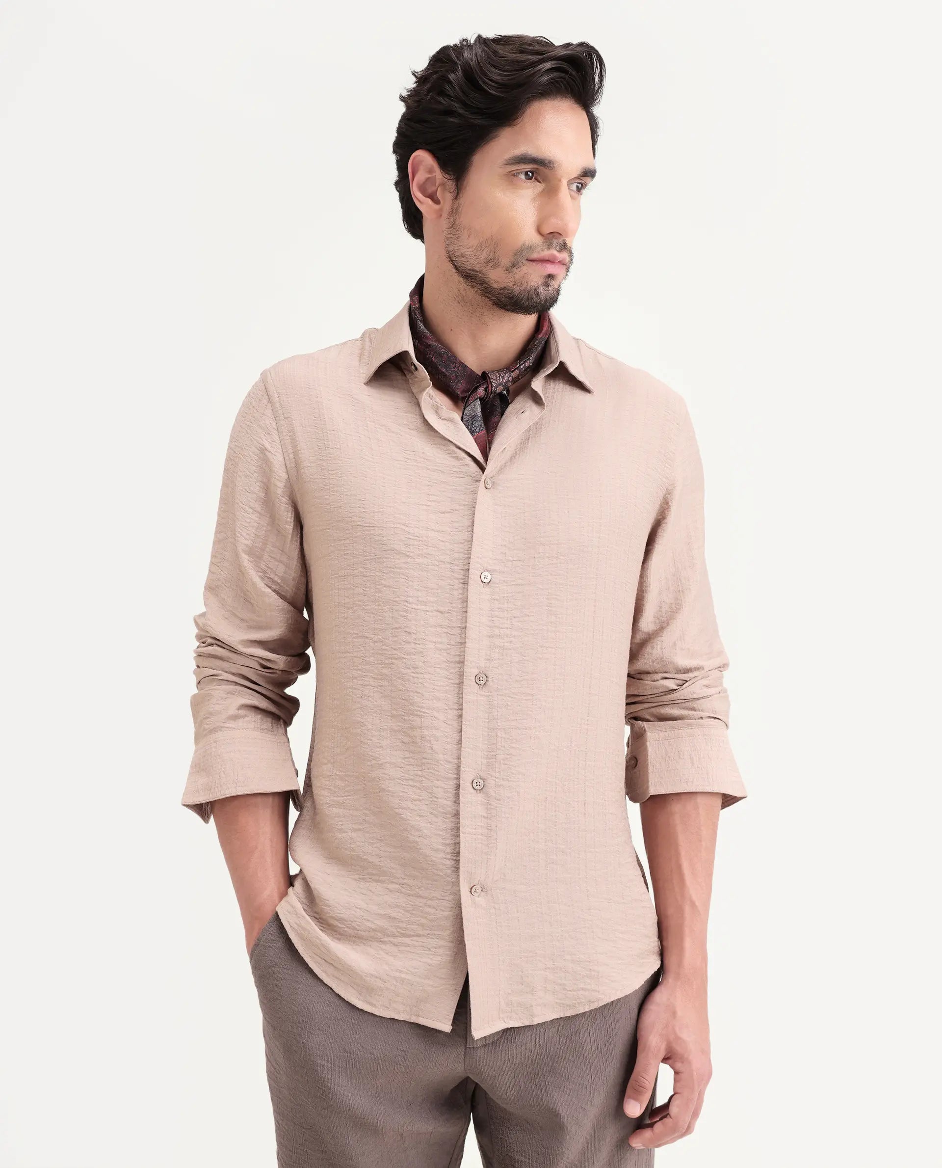 Rare Rabbit Men's Volas Dusky Beige Viscose Blend Fabric Full Sleeve Spread Collar Regular Fit Plain Shirt