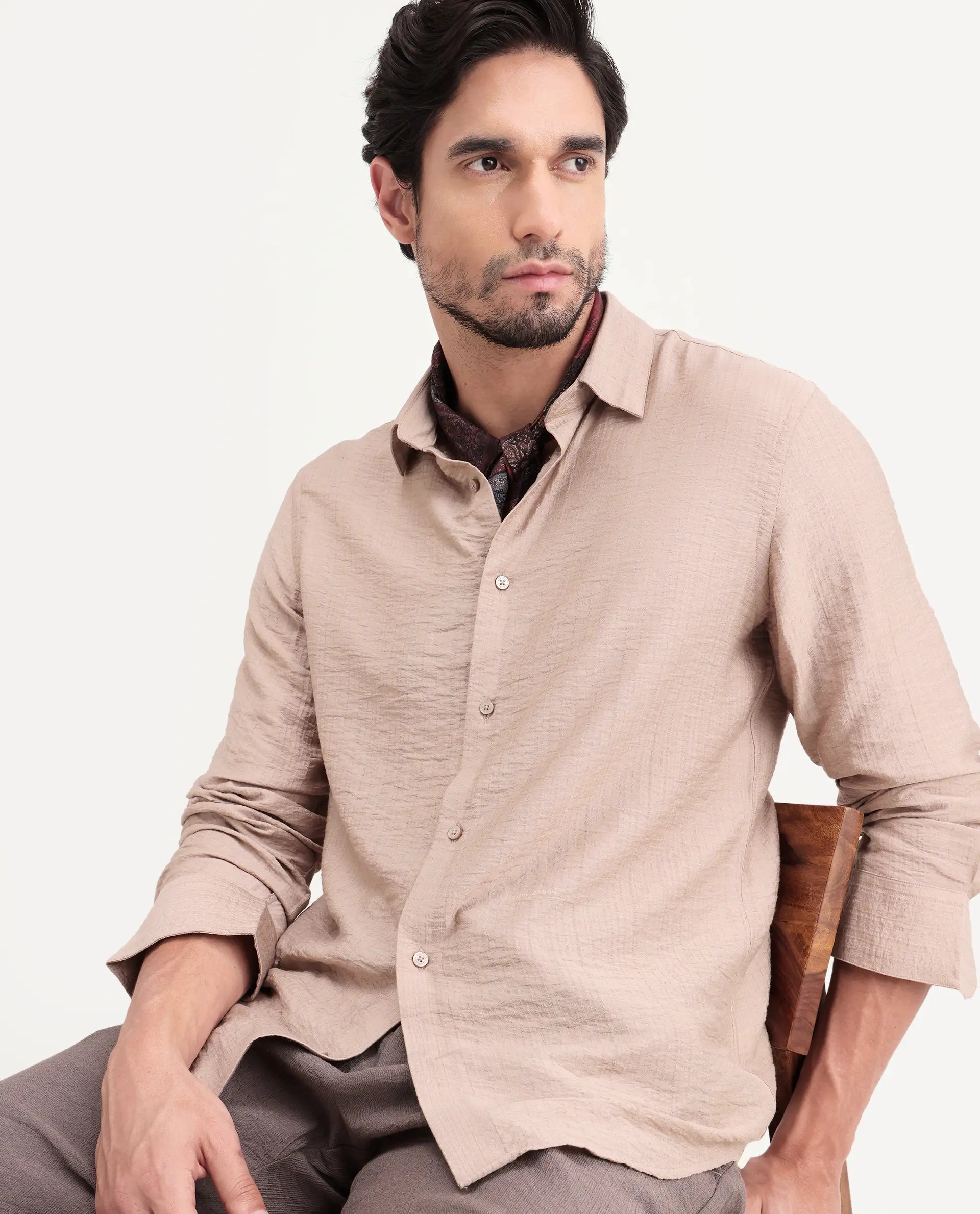 Rare Rabbit Men's Volas Dusky Beige Viscose Blend Fabric Full Sleeve Spread Collar Regular Fit Plain Shirt