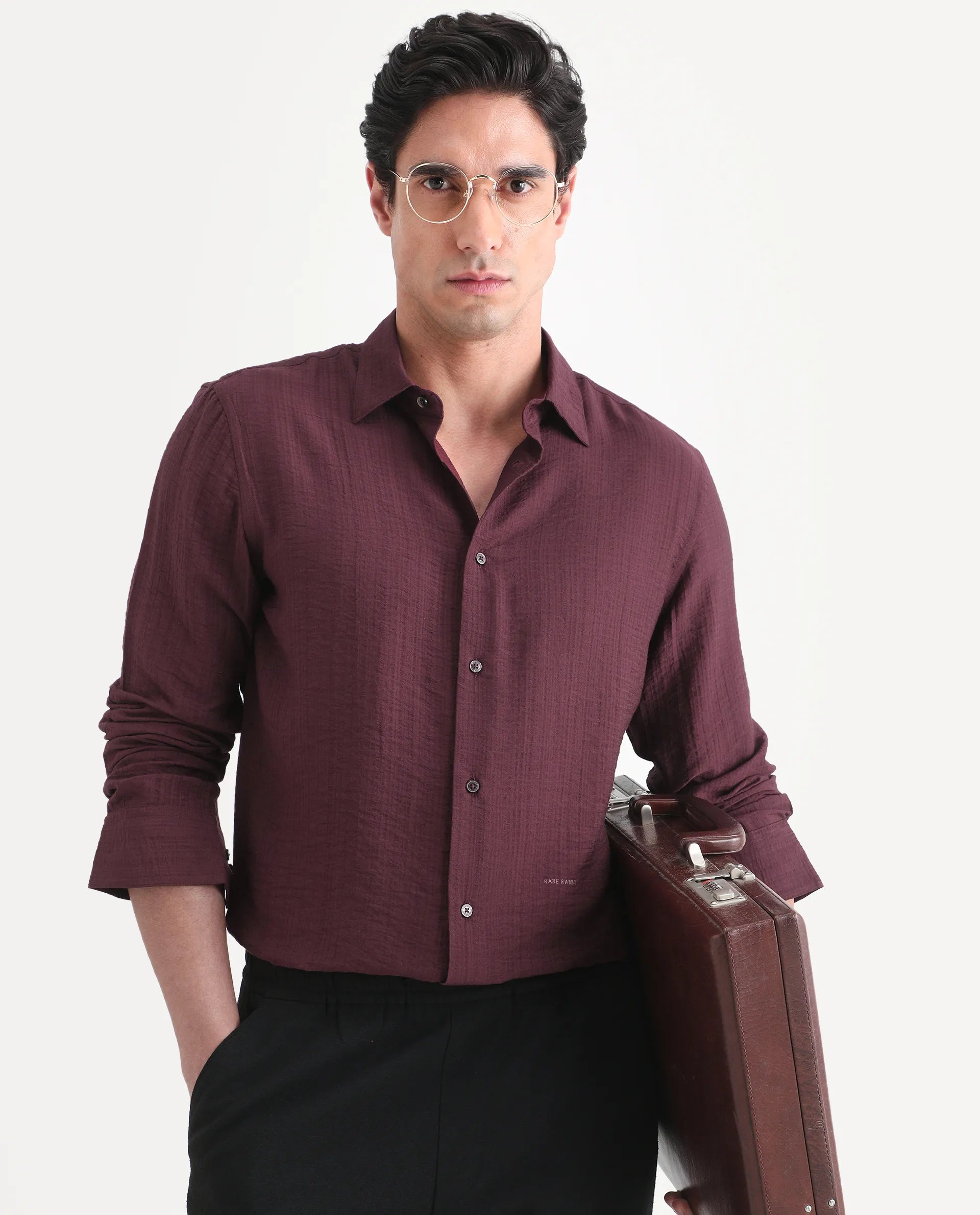 Rare Rabbit Men's Volas Dusky Maroon Viscose Blend Fabric Full Sleeve Spread Collar Regular Fit Plain Shirt