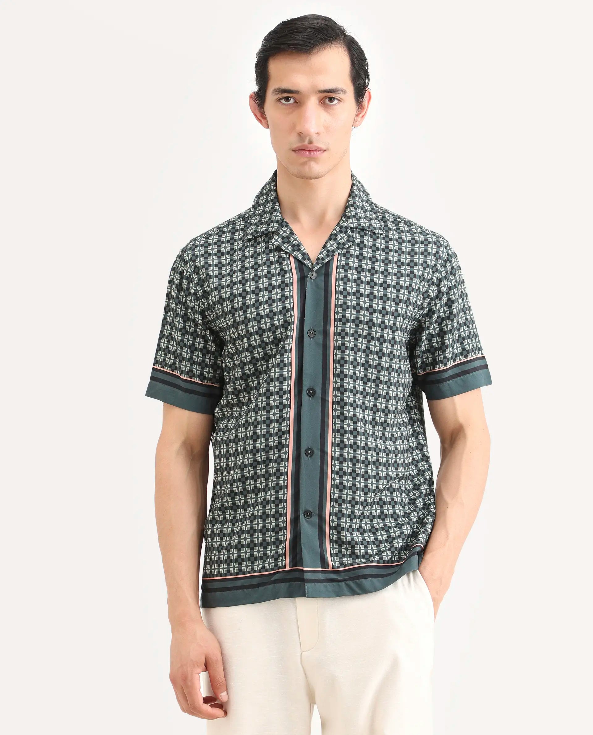 Rare Rabbit Men's Lojo-Ss Dusky Green Viscose Fabric Half Sleeve Cuban Collar Regular Fit Geometric Print Shirt