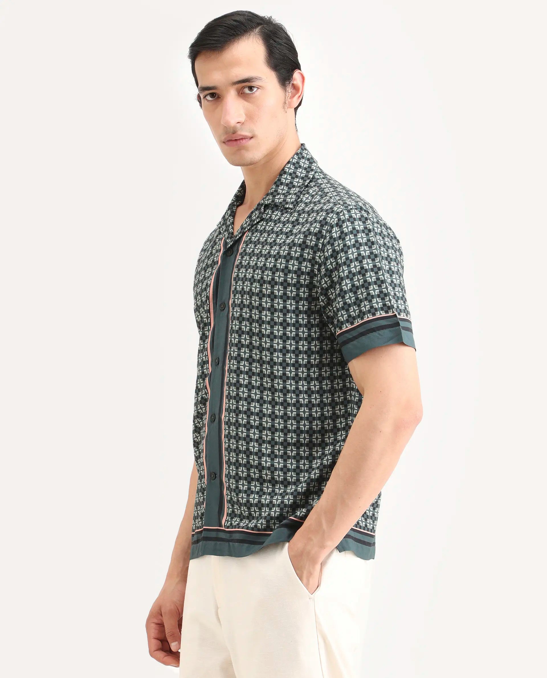 Rare Rabbit Men's Lojo-Ss Dusky Green Viscose Fabric Half Sleeve Cuban Collar Regular Fit Geometric Print Shirt