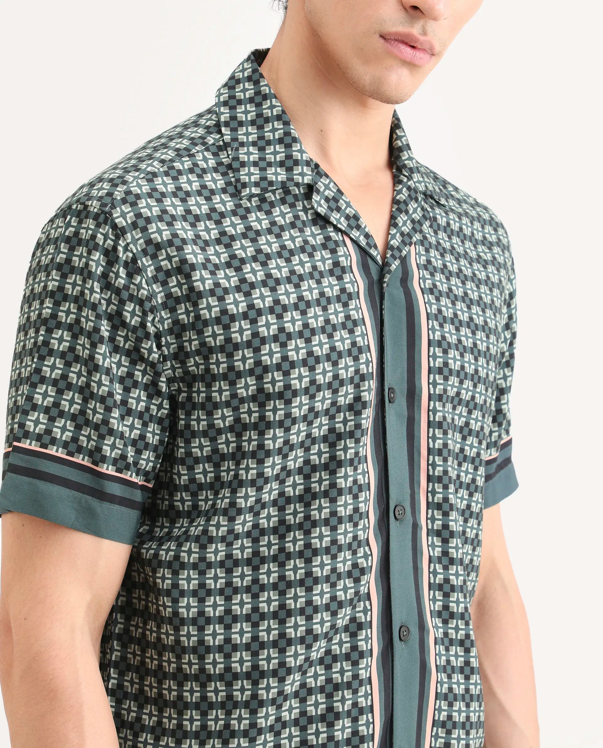 Rare Rabbit Men's Lojo-Ss Dusky Green Viscose Fabric Half Sleeve Cuban Collar Regular Fit Geometric Print Shirt