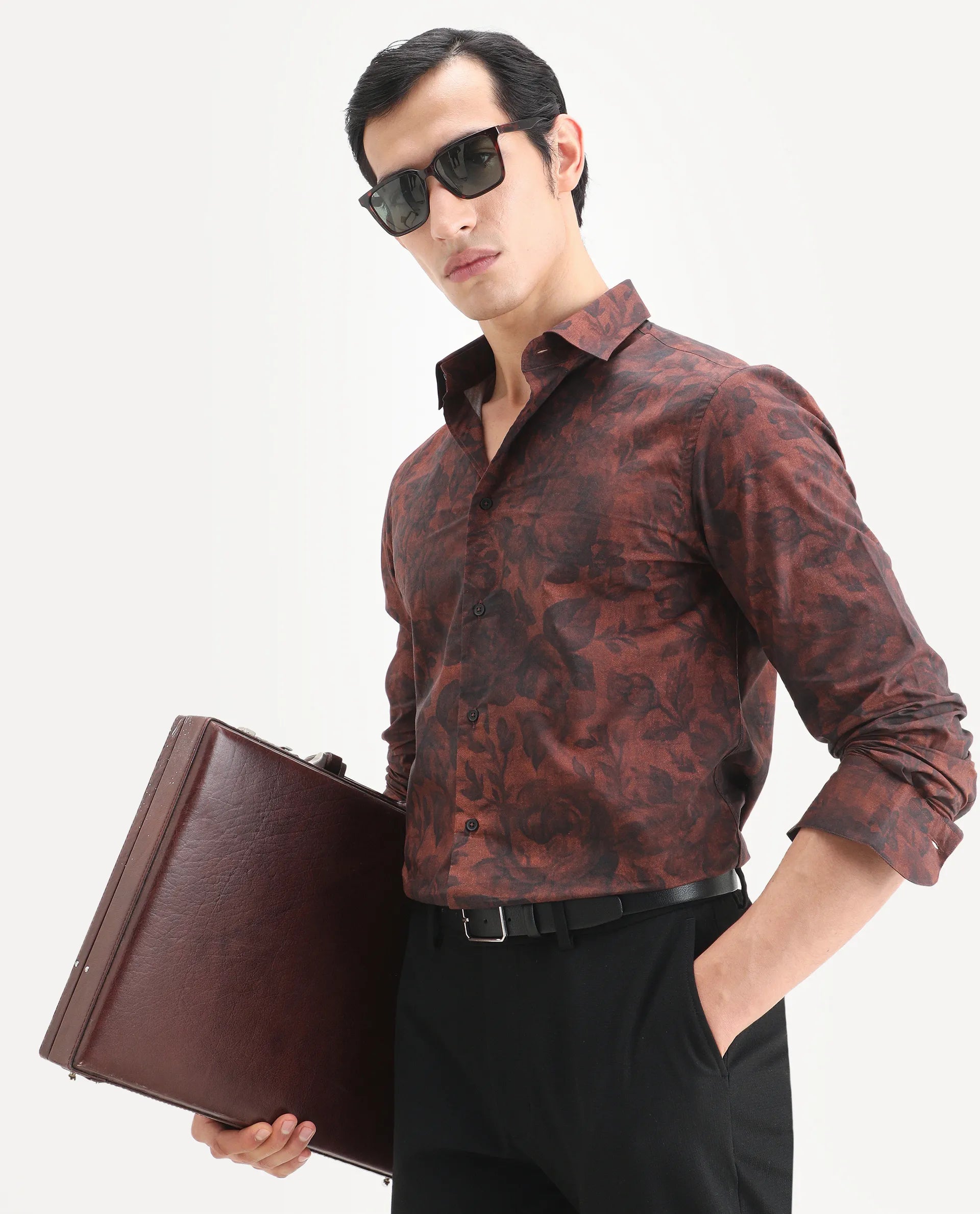 Rare Rabbit Men's Maso Dusky Brown Cotton Fabric Full Sleeve Spread Collar Regular Fit Floral Print Shirt