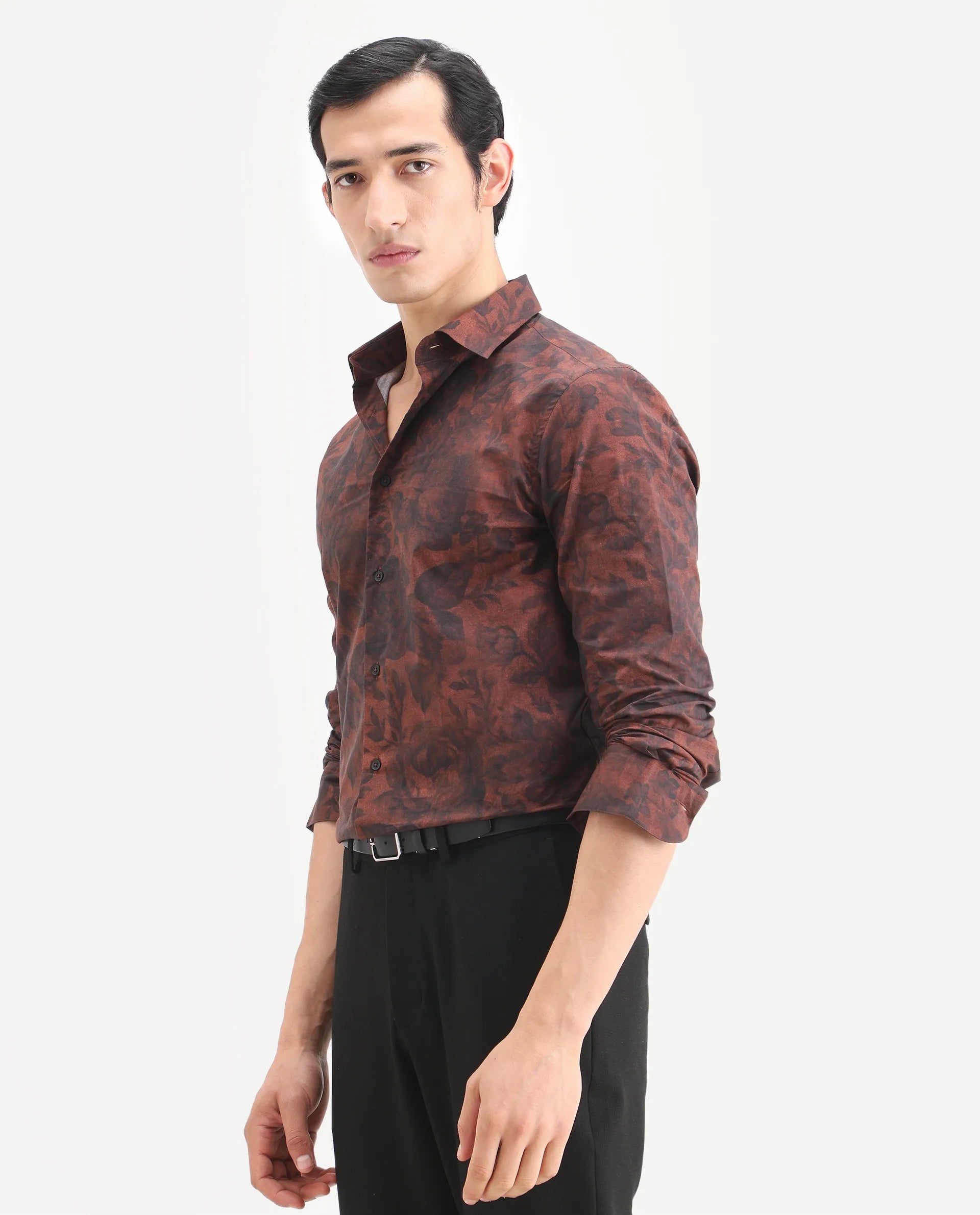 Rare Rabbit Men's Maso Dusky Brown Cotton Fabric Full Sleeve Spread Collar Regular Fit Floral Print Shirt